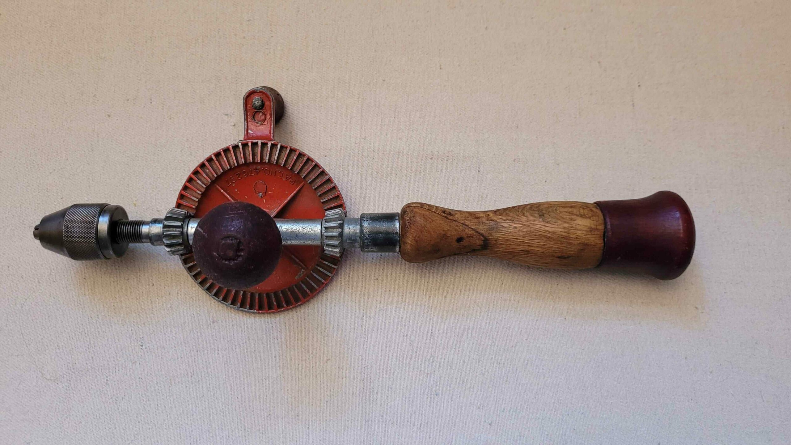 Vintage 1950s Hand Crank Drill Egg Beater Style Wood handle Pat No 476297 made in Japan