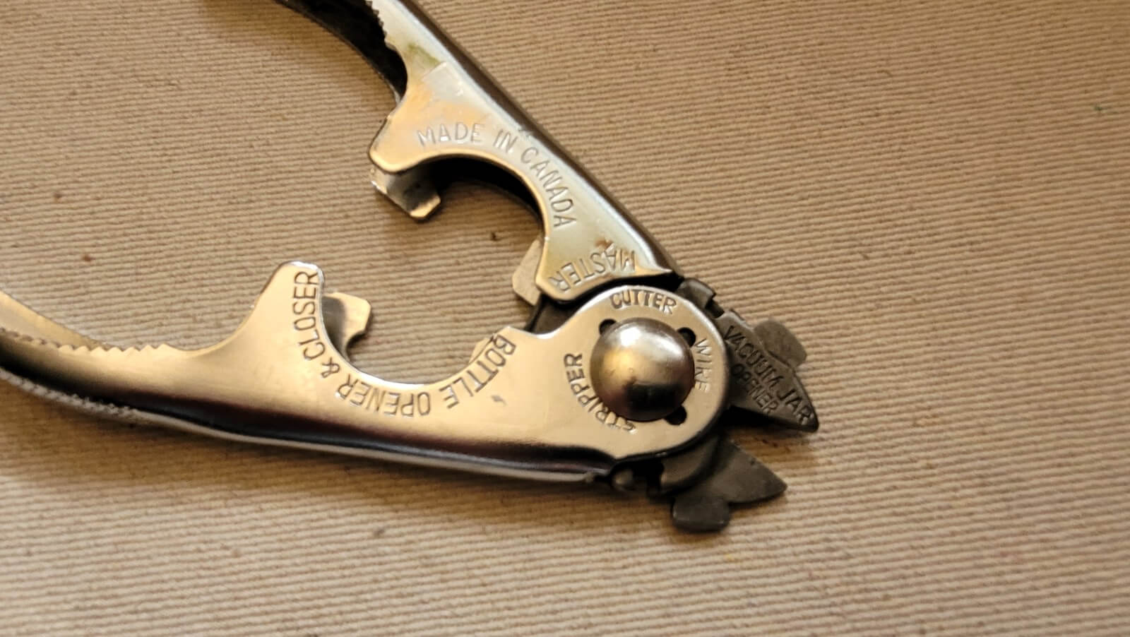 Vintage Master Bottle Opener and Closer Multitool Made in Canada - Rare Collectible Kitchenware and Canadiana Tool with Wire Cutters and Strippers, and Vacuum Jar & Bottle Opener / Closer