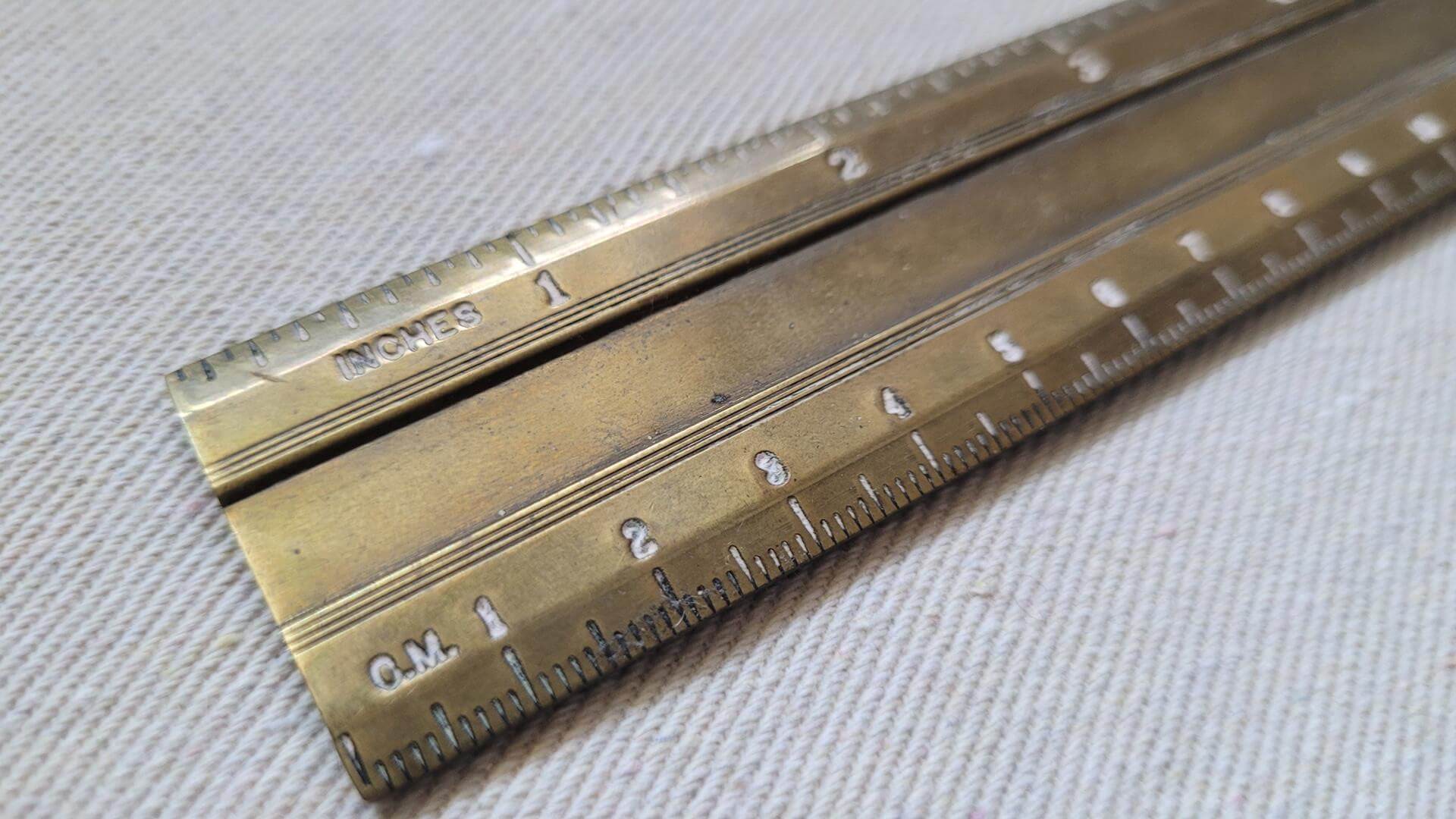 Vintage Twelve Inches Brass Ruler with White Etched Imperial & Metric Units - Antique Collectible Office Equipment and Marking & Measuring Tools