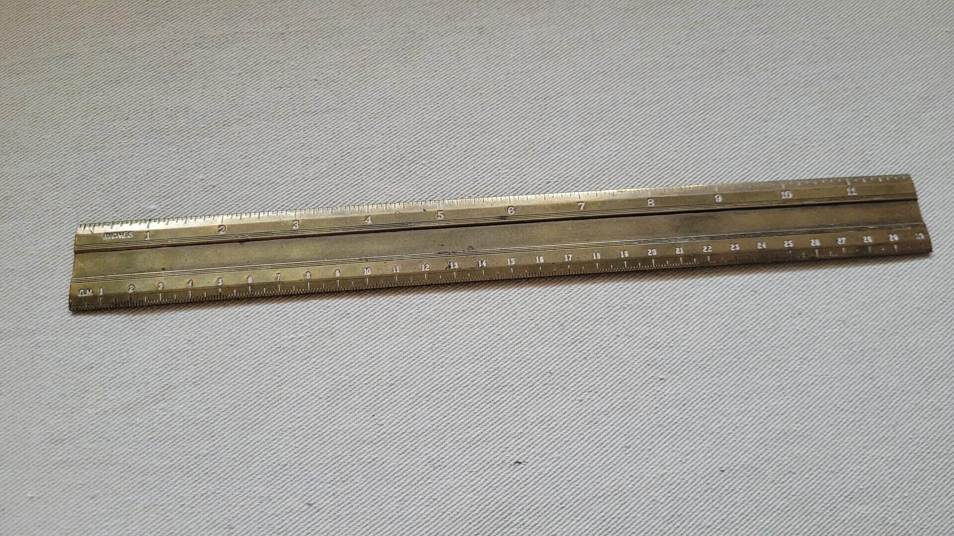 Vintage Twelve Inches Brass Ruler with White Etched Imperial & Metric Units - Antique Collectible Office Equipment and Marking & Measuring Tools