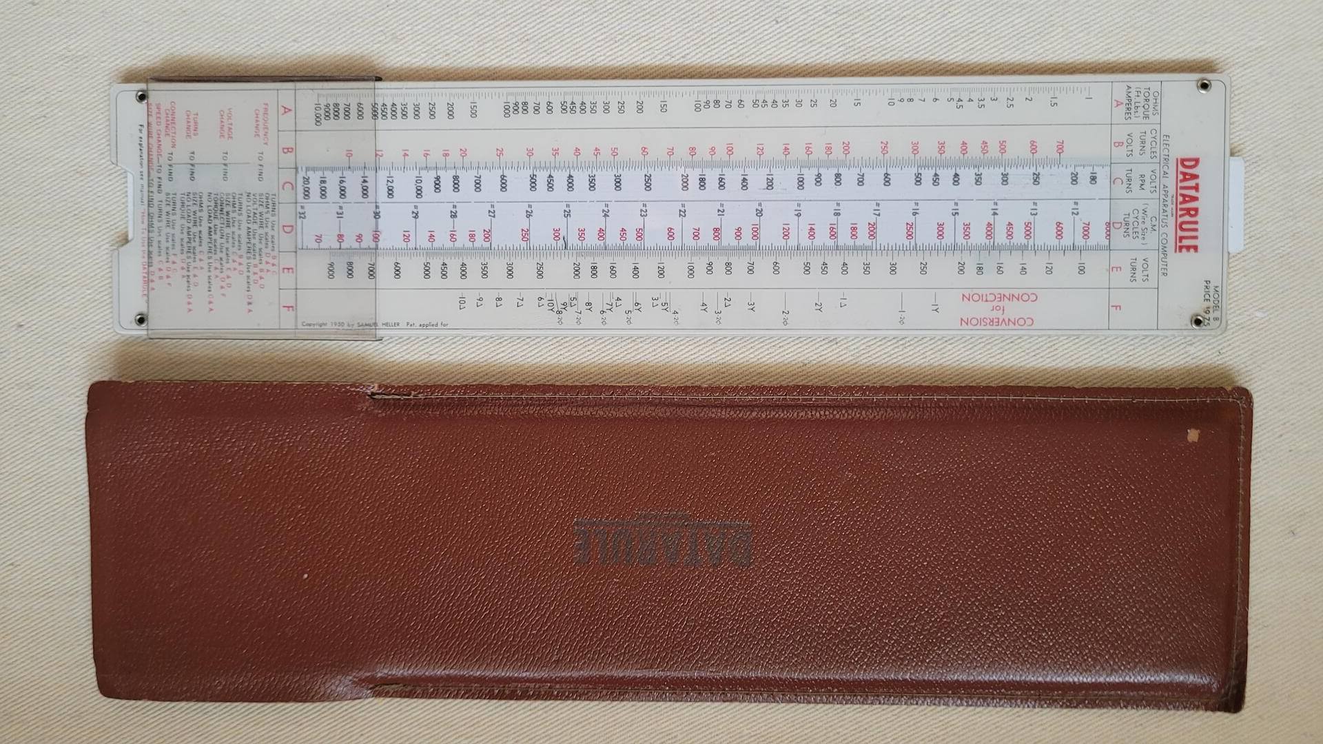Rare Datarule Electrical Apparatus Computer Slide Rule w Leather Case Model B - 1950 Samuel Heller / Datarule Publishing Co Scarsdale NY - Vintage collectible Electrical Engineer Tools