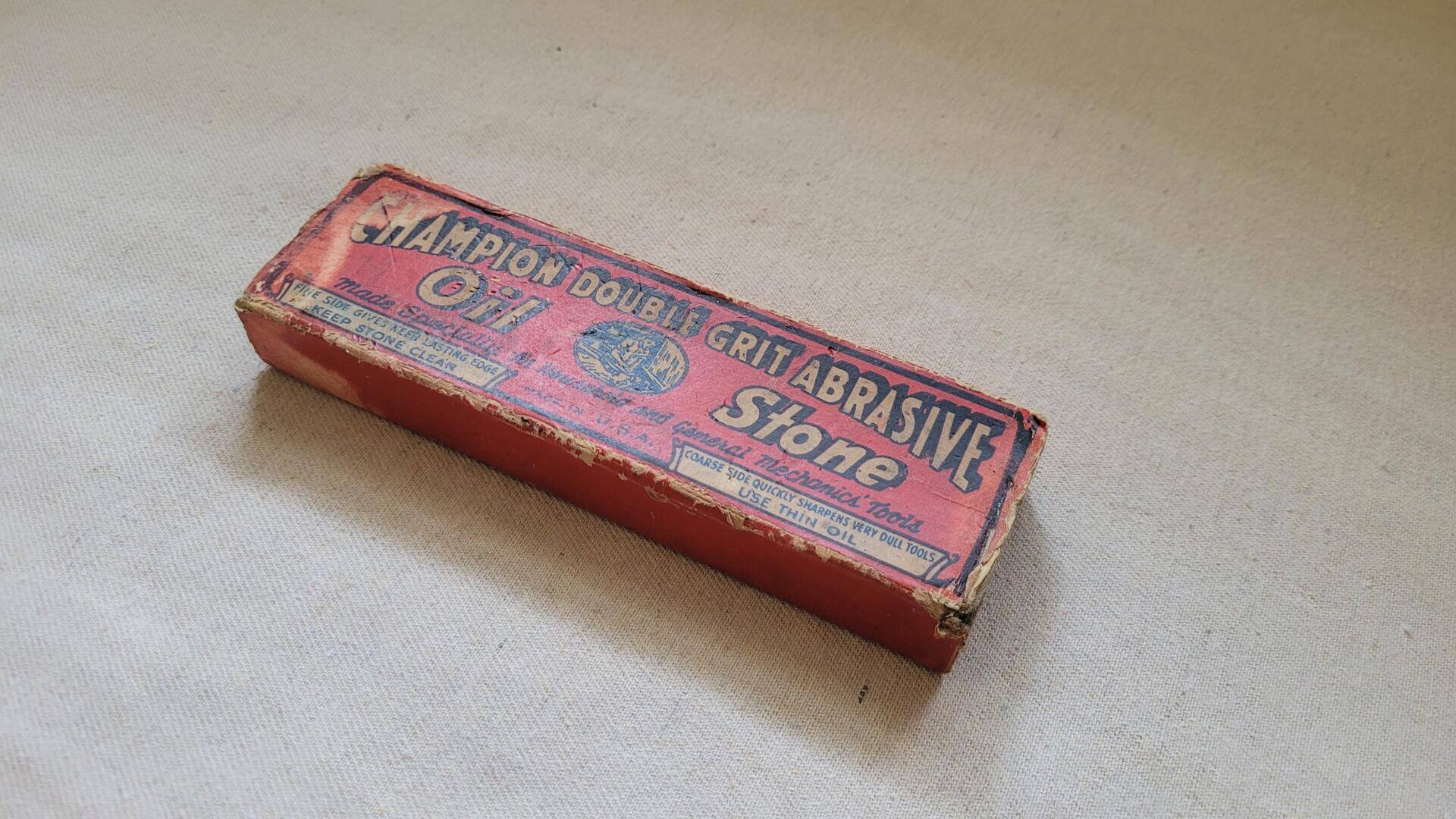 Vintage Champion Double Grit Abrasive Oil Sharpening Stone w Box - Antique made in USA collectible honing stone for knives, planes, and other hand tools