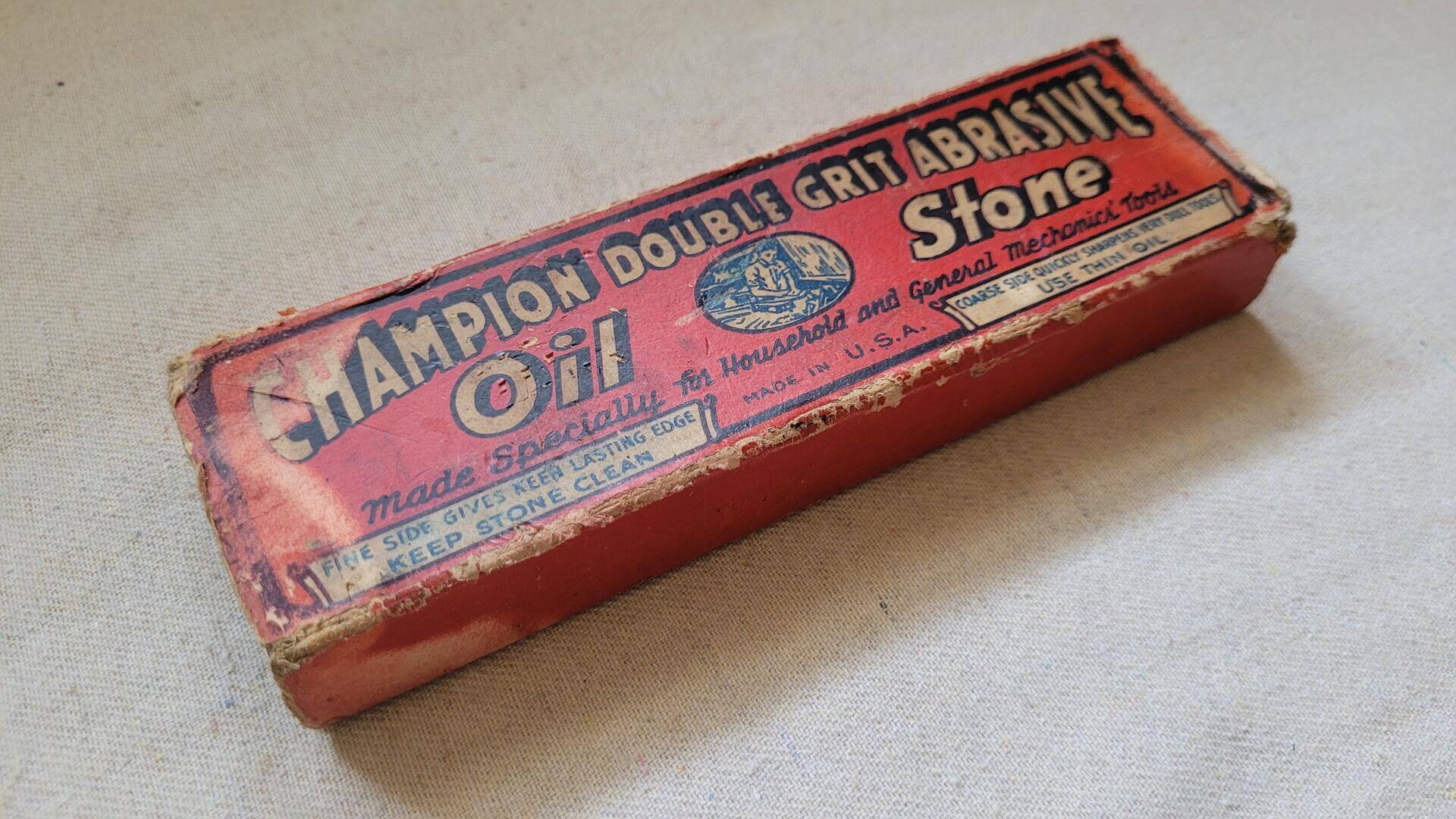 Vintage Champion Double Grit Abrasive Oil Sharpening Stone w Box - Antique made in USA collectible honing stone for knives, planes, and other hand tools