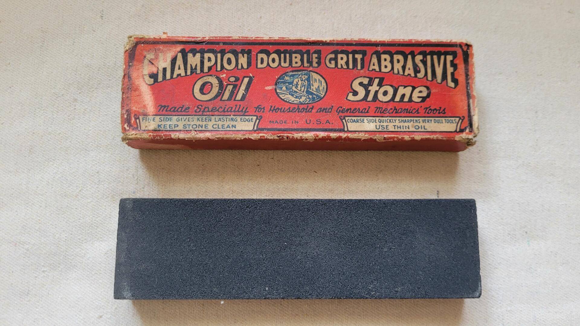 champion-double-grit-abrasive-oil-sharpening-stone-with-box-vinatage-and-antique-made-in-usa-collectible-honing–and-sharpenning-tools