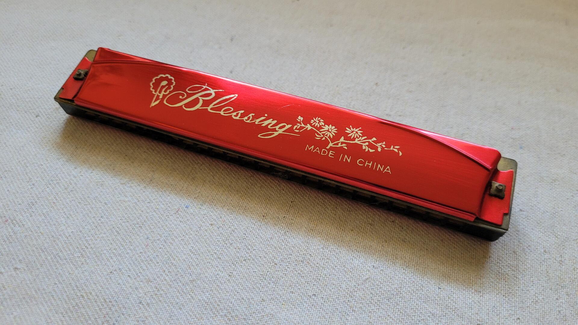 Vintage Red 1960s Blessing Harmonica 24 Double Holes 48 Reeds in Original Box - Mid Century Modern Collectible Musical Instruments made in China