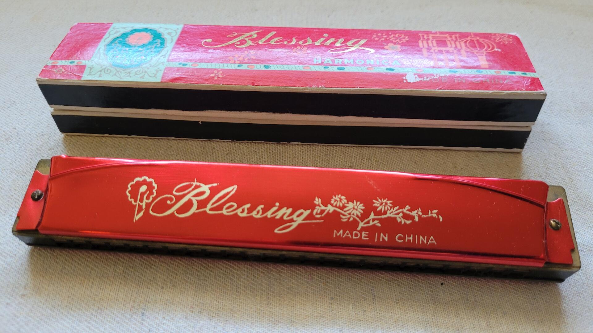 Vintage Red 1960s Blessing Harmonica 24 Double Holes 48 Reeds in Original Box - Mid Century Modern Collectible Musical Instruments made in China