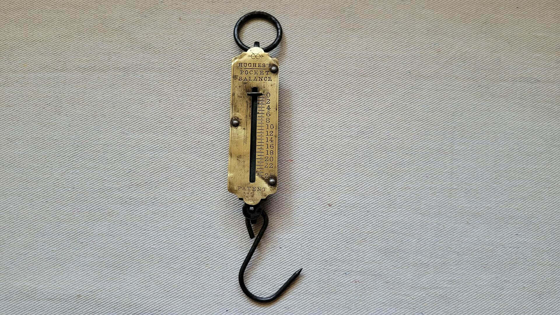 Antique Hughes Brass Pocket Balance Spring Hook Scale 25lbs - Vintage Fishing and Measuring Tools and Collectibles