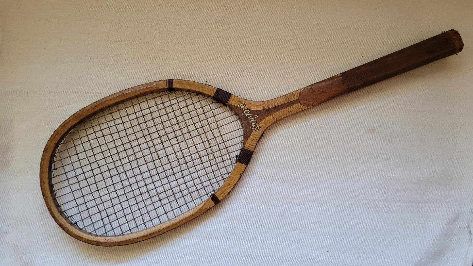 Rare Narrangansett Machine Co Antique Wooden Tennis Racquet Stanford Model manufactured in Providence Rhode Island factory - Vintage made in USA racquet sports equipment and memorabilia collectible