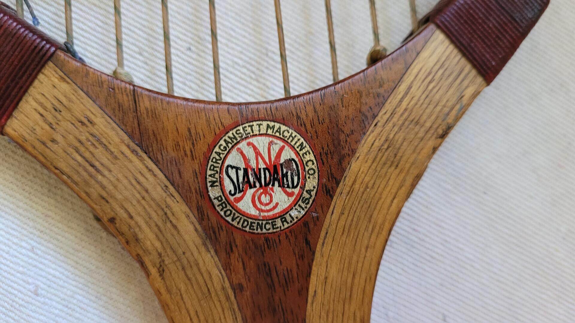 Rare Narrangansett Machine Co Antique Wooden Tennis Racquet Stanford Model manufactured in Providence Rhode Island factory - Vintage made in USA racquet sports equipment and memorabilia collectible