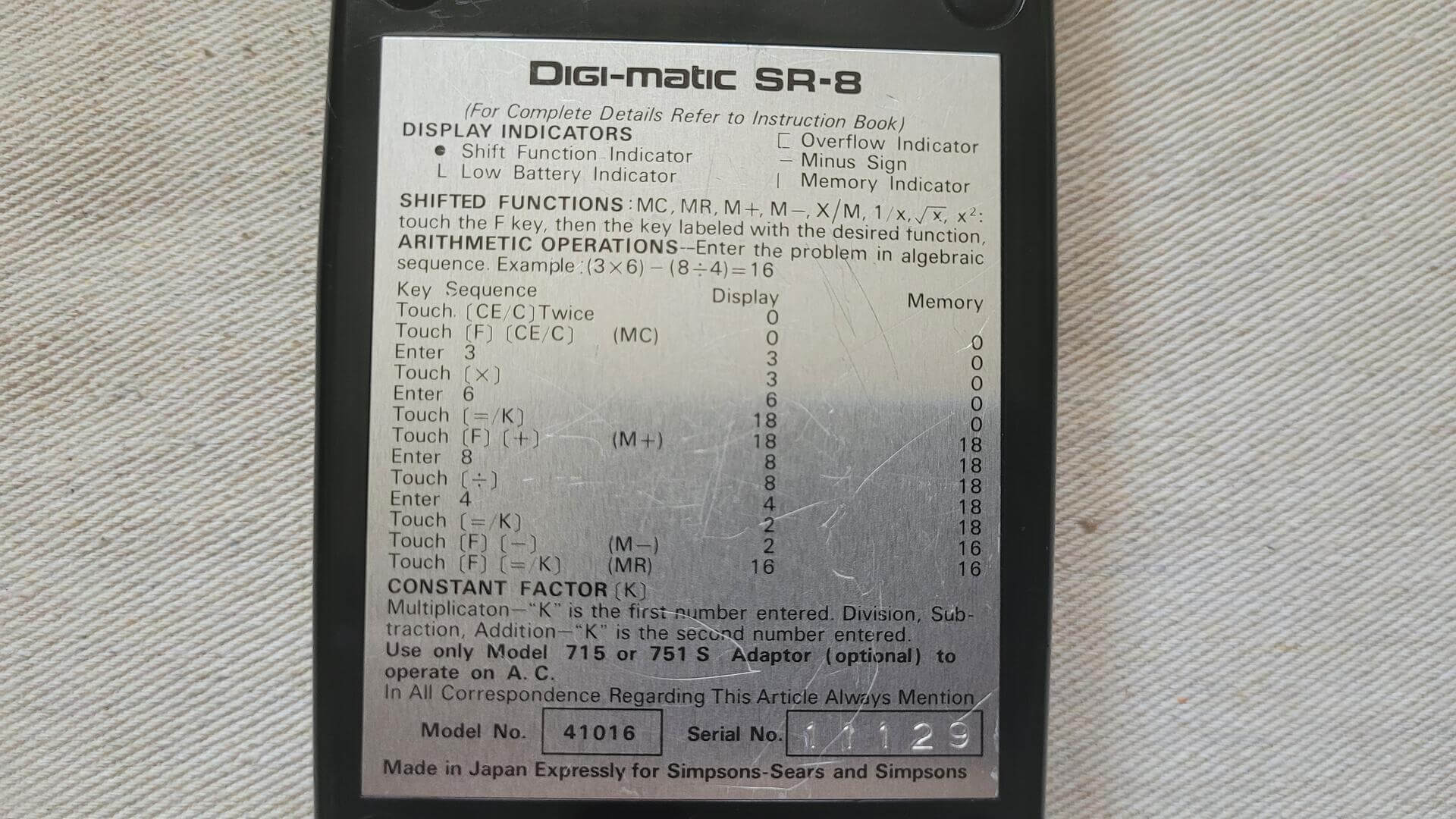 1970s Sears Digi-matic SR-8 Arithmetic Calculator with 8 Digits 9 functions, 20 keys, and a VFD (vacuum fluorescent) display - Made in Japan vintage collectible electronics and gadgets