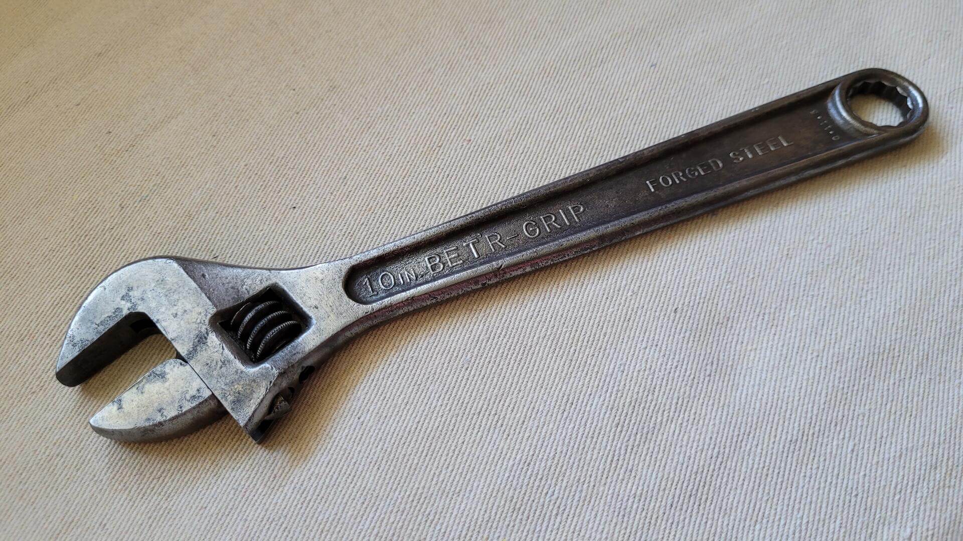 Vintage J.P. Danielson & Company 10 inch Betr-Grip forged steel adjustable wrench - Antique Jamestown NY made in USA collectible hand tools