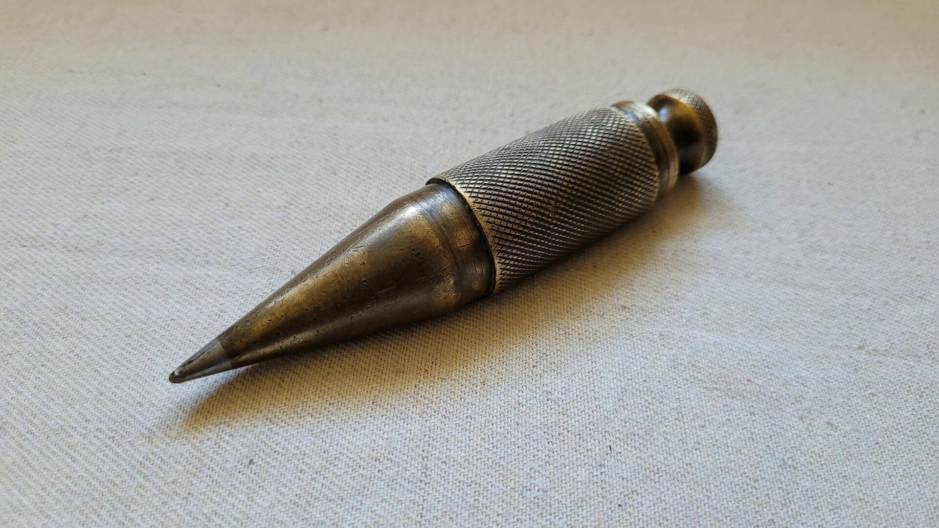 Vintage Solid Brass Knurled Plumb Bob w Steel Point Tip 5 Inches / 380 grams / 13.4 oz - Antique carpenter and stone mason marking and measuring tools