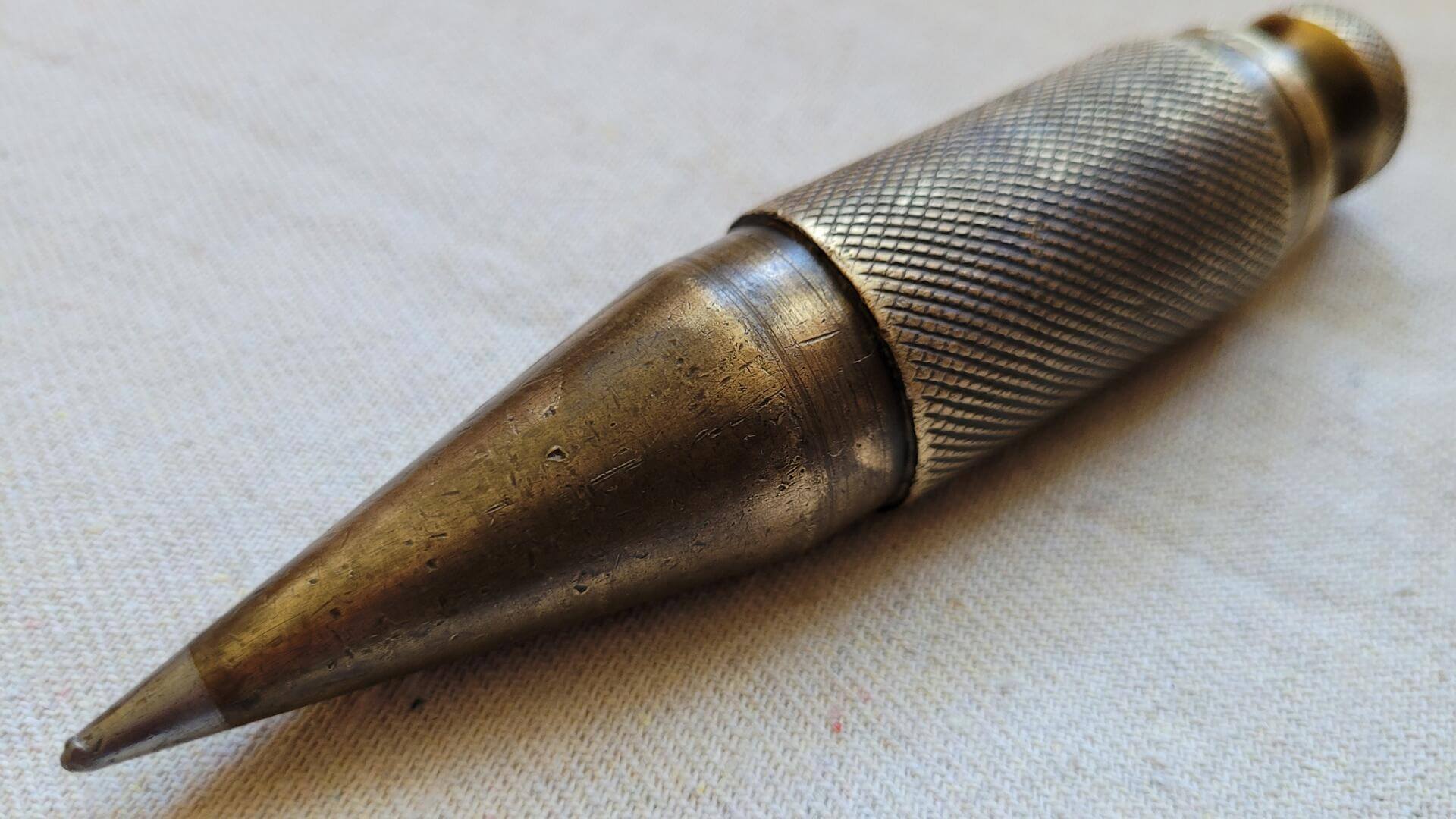 Vintage Solid Brass Knurled Plumb Bob w Steel Point Tip 5 Inches / 380 grams / 13.4 oz - Antique carpenter and stone mason marking and measuring tools
