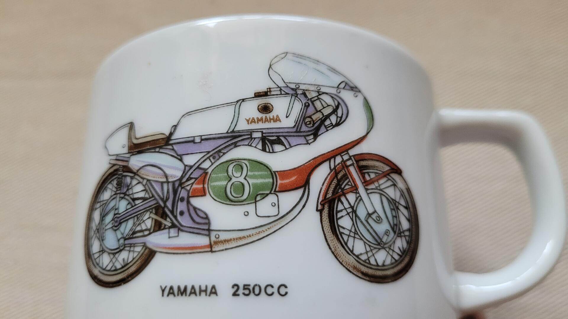 Rare Retro 1970s Yamaha Motorcycle World Championship 125cc 250cc Dealer Promotional Mug - Vintage made in Japan retro motorcycle and transportation memorabilia