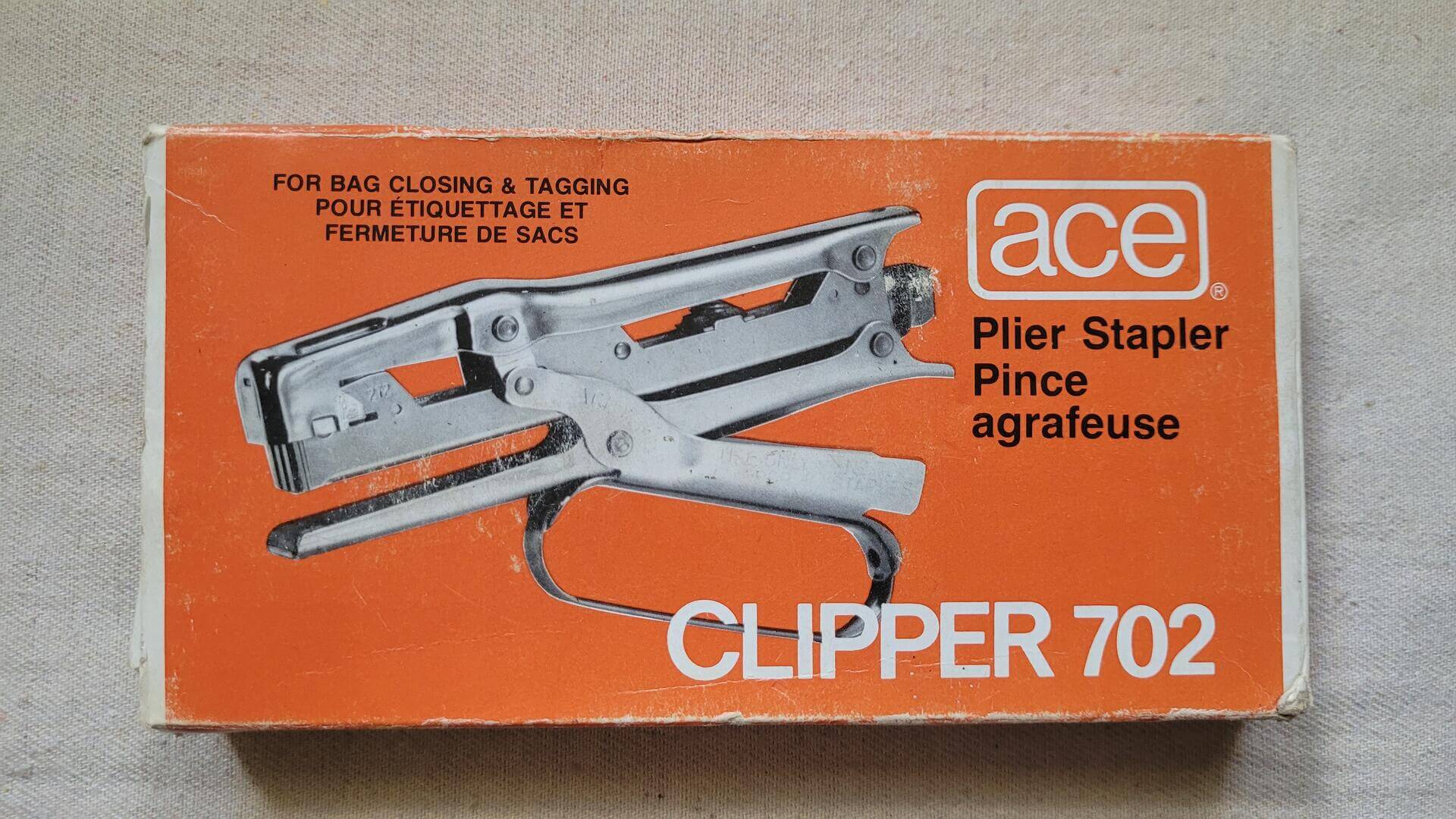 Vintage manual plier stapler Clipper 702 model in original box by Ace Fastener Corp from Chicago IL. Quality made in USA collectible hand tools