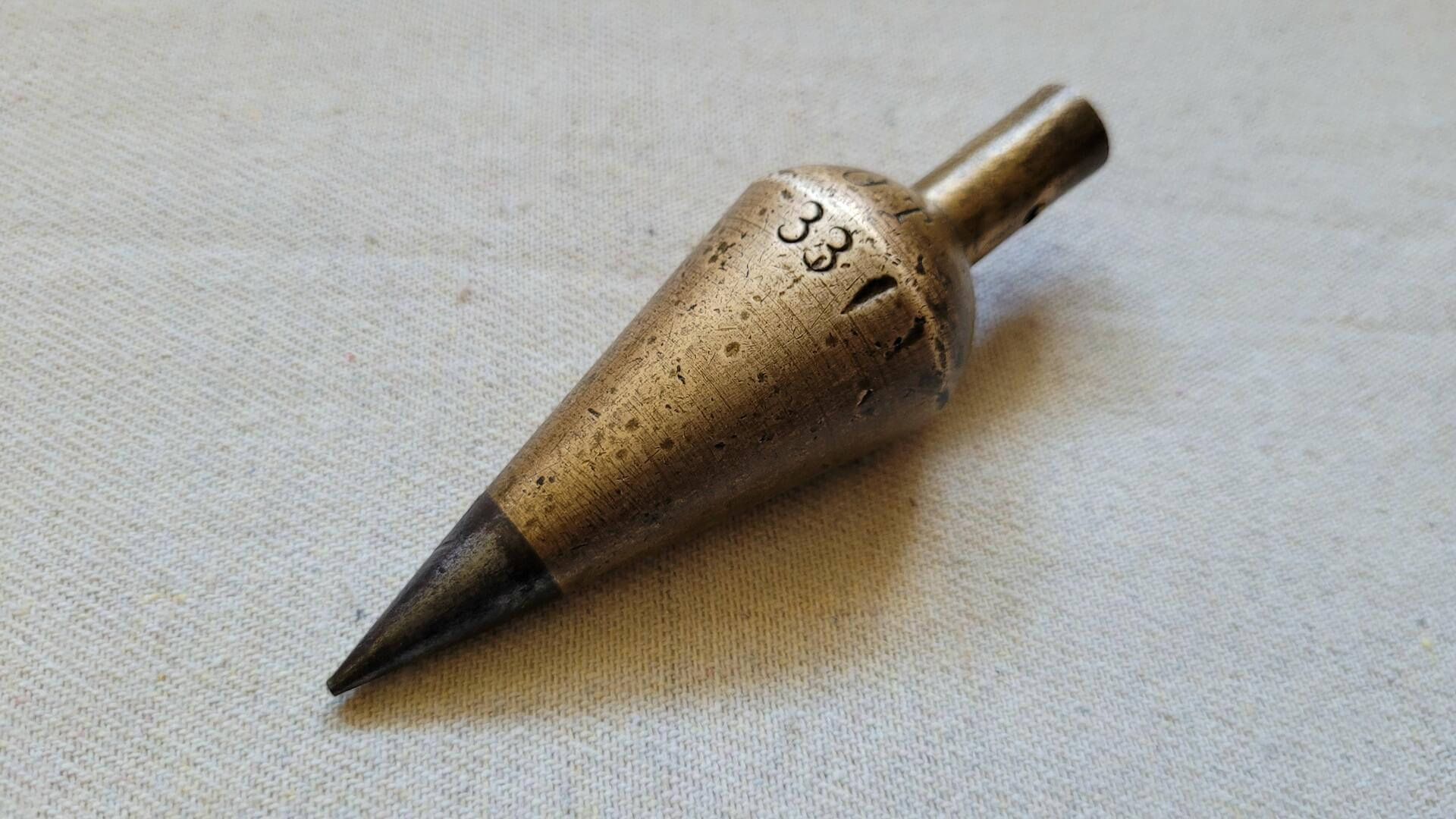 antique-solid-brass-varrot-style-plumb-bob-with-steel-point-tip-vintage-marking-measuring-woodworking-stone-mason-collectible-hand-tool