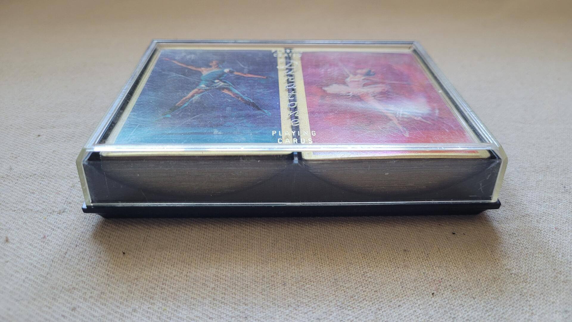 Vintage double deck of ARRCO Duratone playing cards in hard case with colourful ballerina & standing jokers design - made in USA collectible games and cards