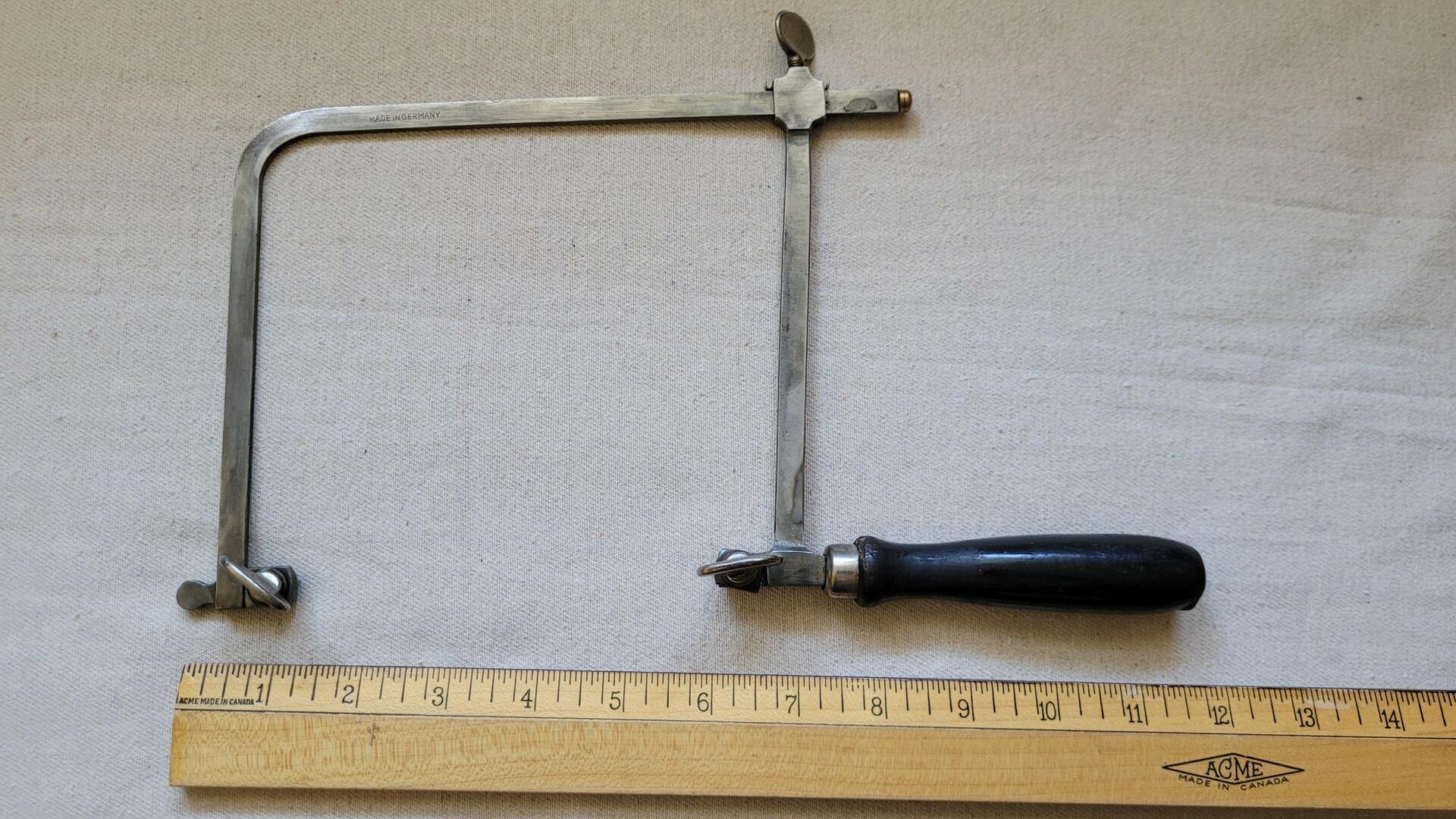 coping-saw-adjustable-fret-6-inches-wood-handle-made-in-germany-woodworking-jewelry-vintage-antique-collectible-cutting-tools-measurements