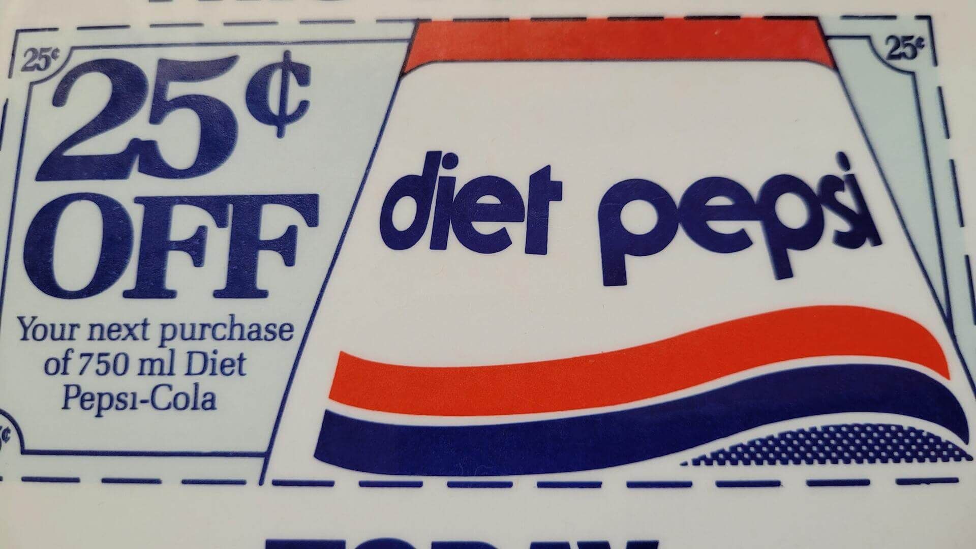 Vintage Diet Pepsi In Store Promotional 6" Pin Pinback Button - Retro 1975-1986 Diet Pepsi Cola branding period soda advertising collectible for 25 cents Off coupon redeption on the next 750ml soda glass bottle