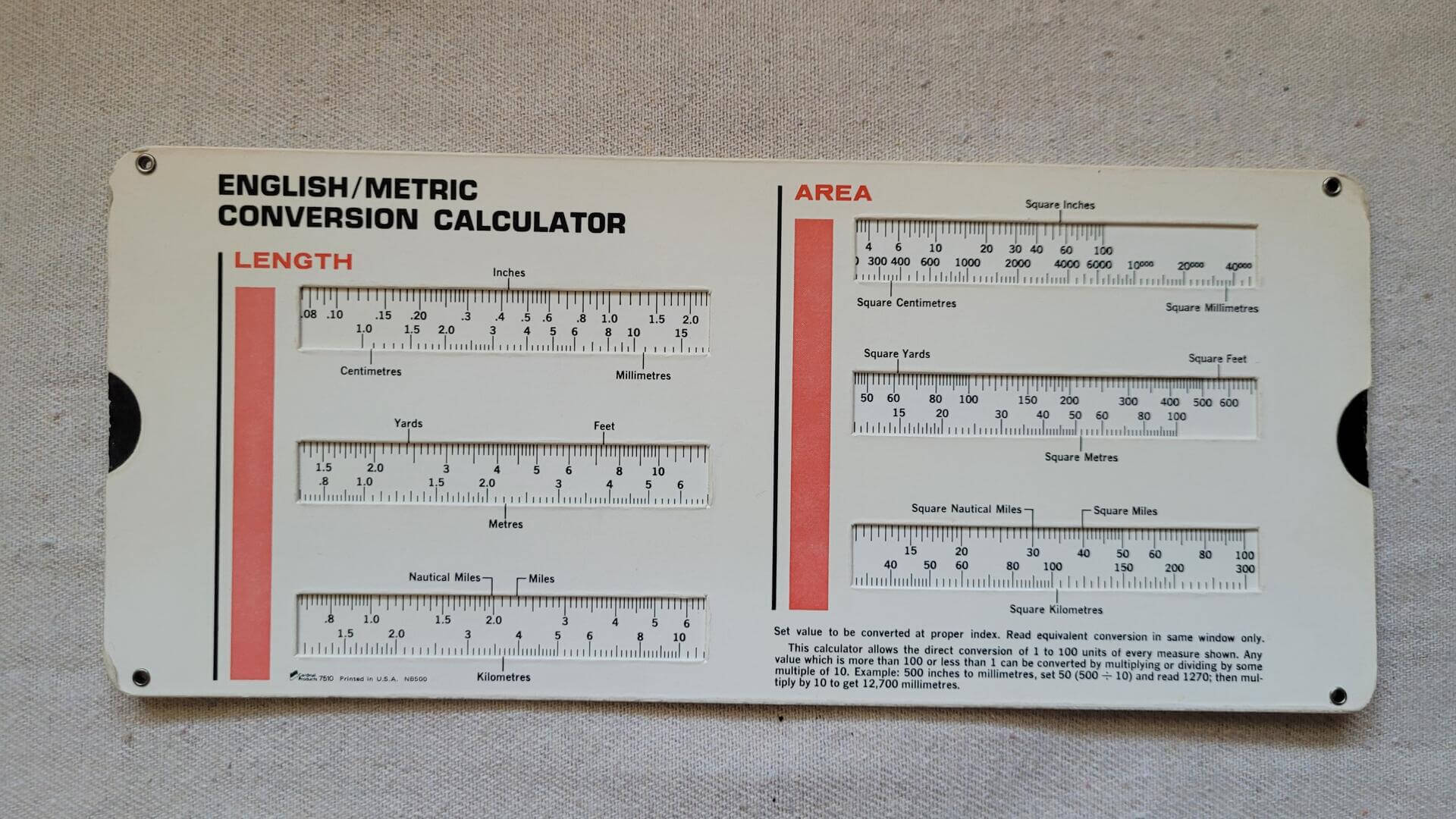 english-metric-conversion-calculator-cardboard-sliding-ruler-1970s-made-in-usa-collectible-office-and-school-tools-supplies-front