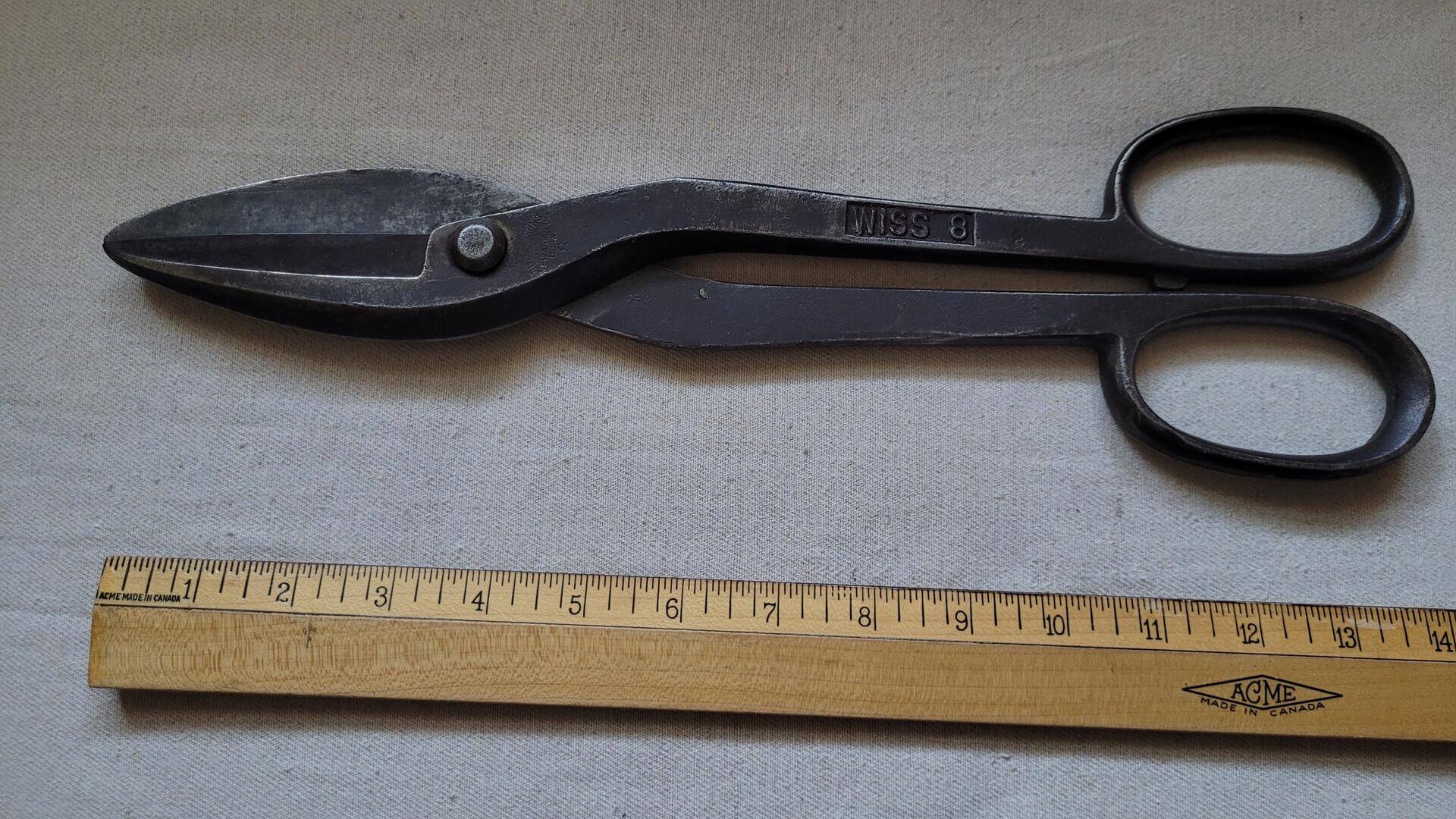 Vintage heavy duty No 8 forged steel 14 inch shears and tin snips by J. Wiss & Sons Newark NJ. Antique made in USA collectible sheet metal quality cutting tools