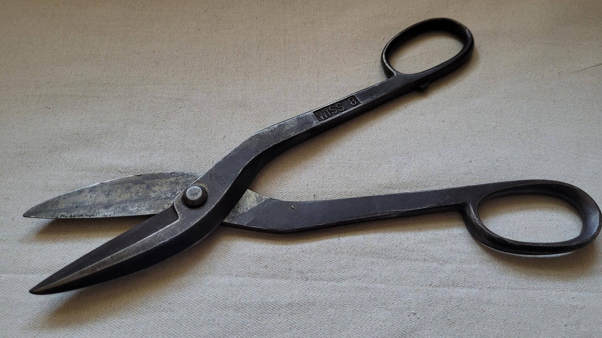 Vintage heavy duty No 8 forged steel 14 inch shears and tin snips by J. Wiss & Sons Newark NJ. Antique made in USA collectible sheet metal quality cutting tools