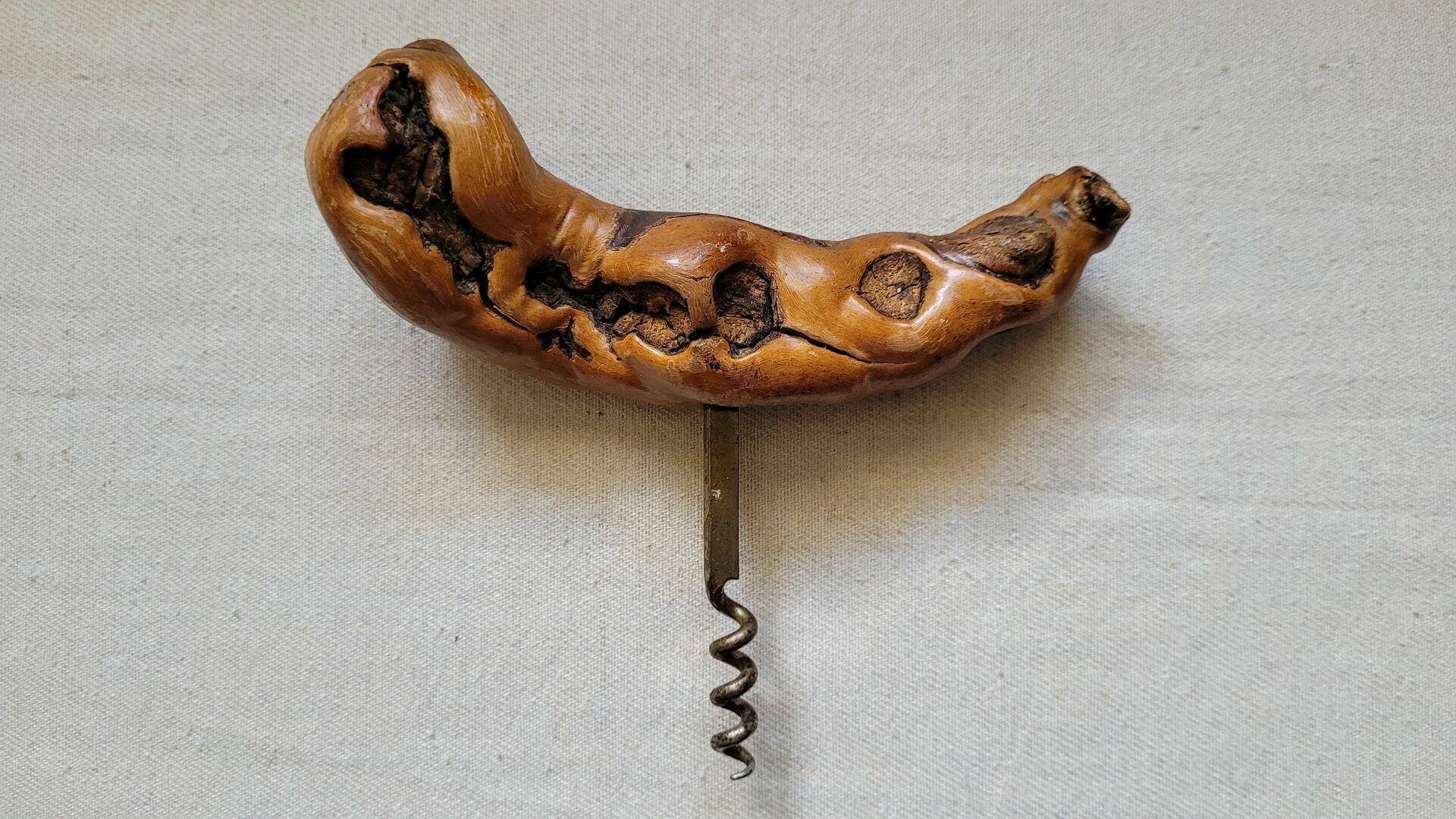 Beautiful French mid century hand made Laurent Siret Rochefort S Loire grape vine root corkscrew. vintage made in France burl cork crew breweriana and barware collectible
