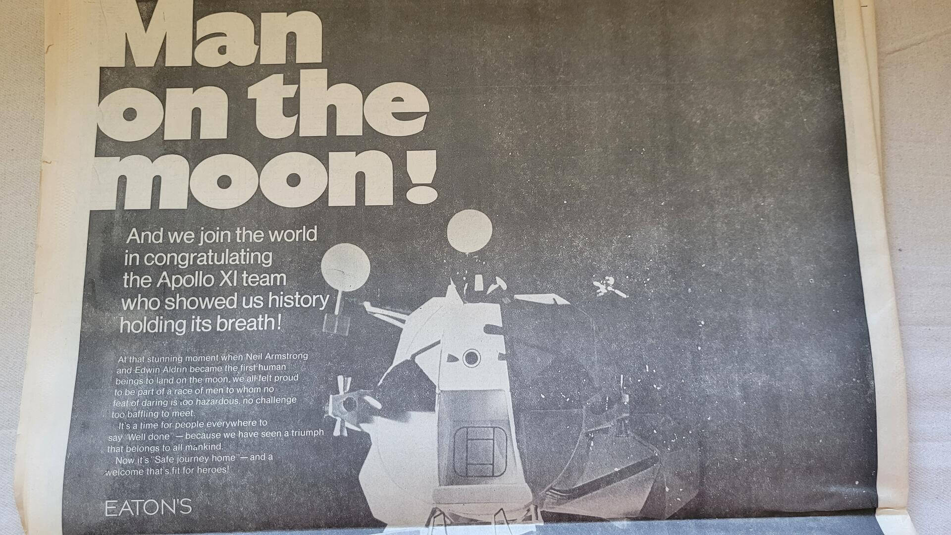 Rare Globe and Mail July 21 1969 Man on Moon newspaper edition delivered to Toronto's Old City Hall. Vintage Canadian scientific and historic events collectible newspaper and magazine Canadiana