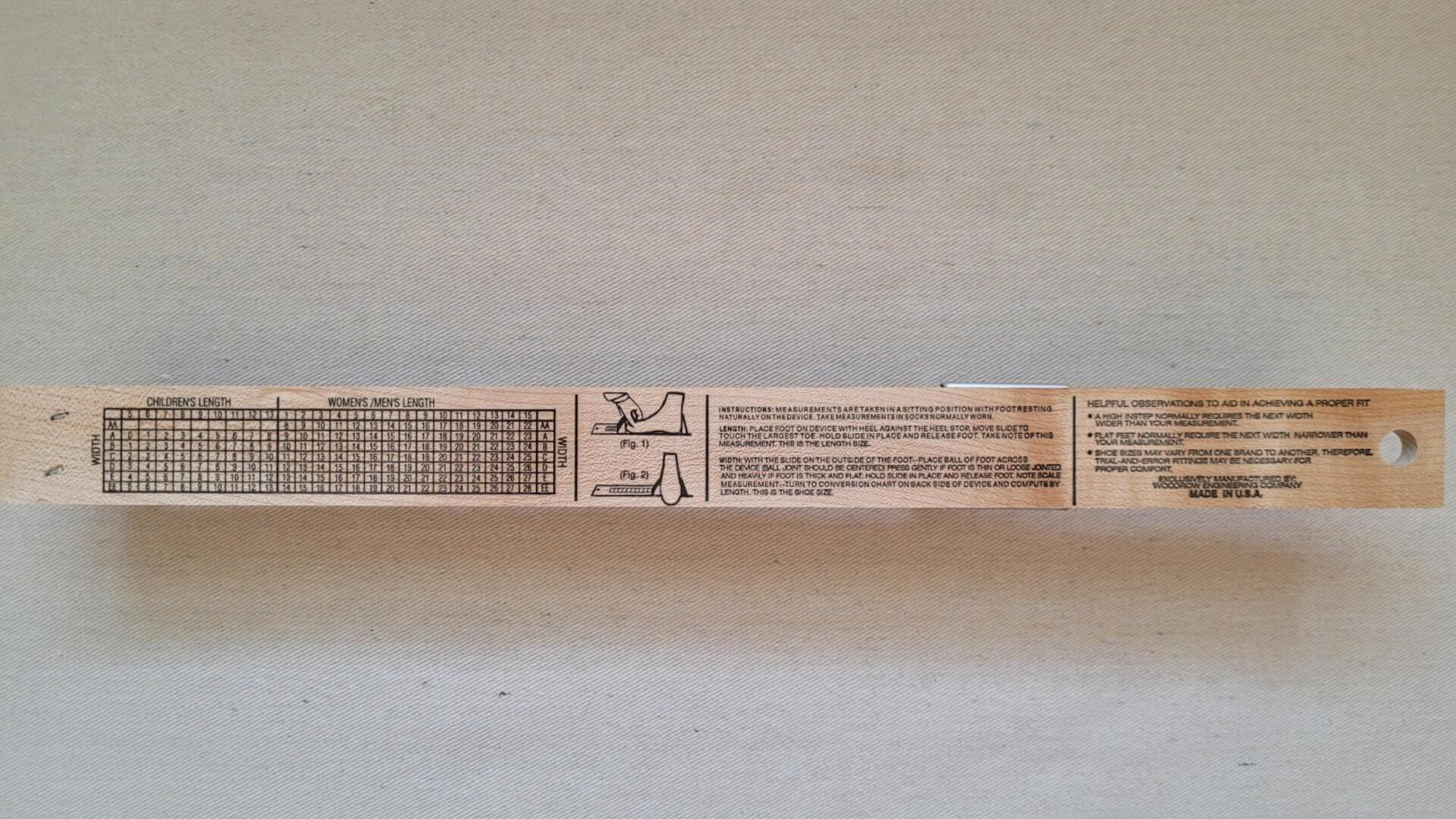 Beautiful and rare premium wood Mondor foot sizer ruler used to measure feet length and width. This is made in USA Brannock device, a single tool that quickly sizes women's, men's and children's feet using sliding measuring lever.