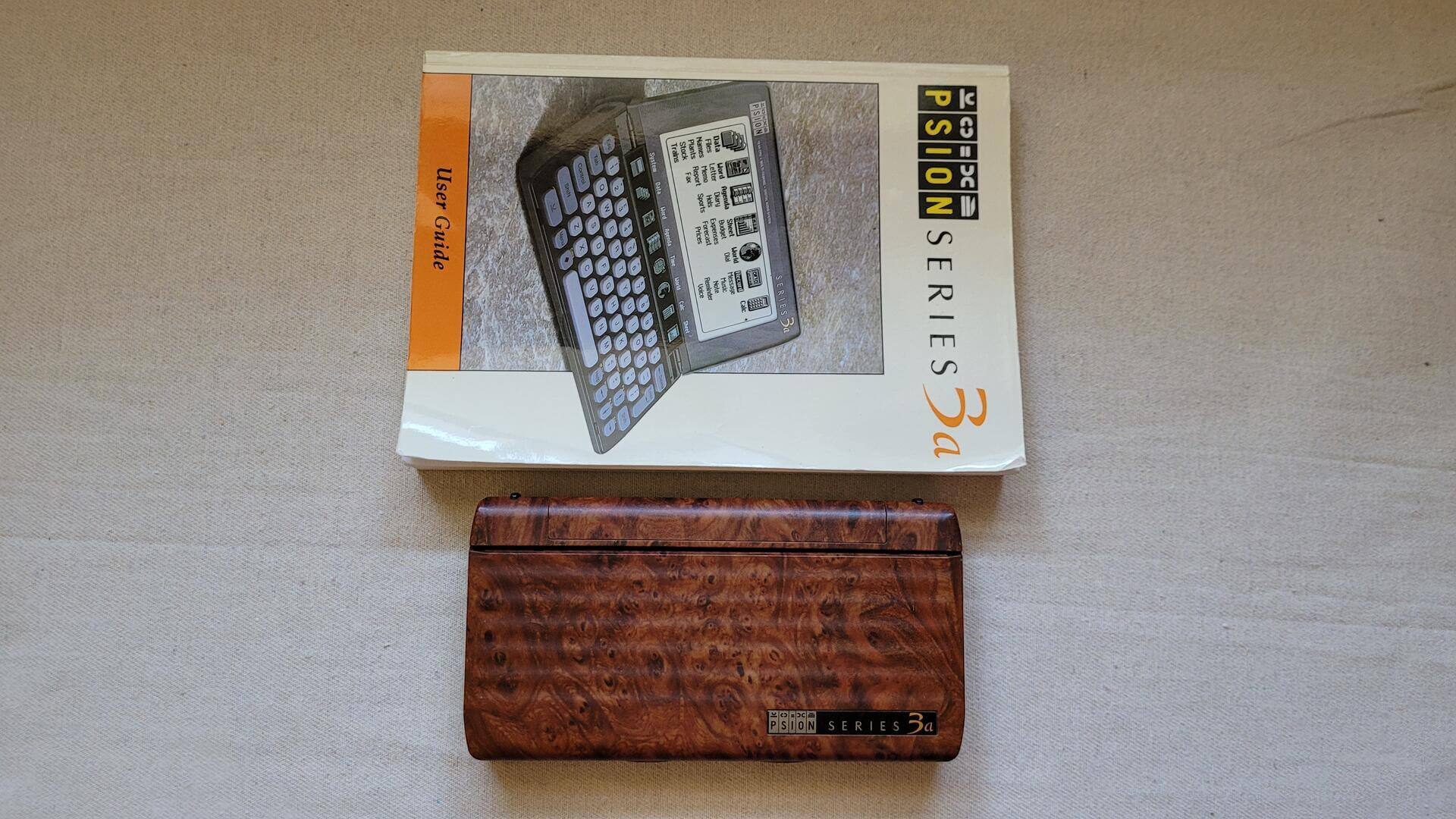 Rare Retro Walnut PSION 3A PDA w Owner's Manual Made in UK - Vintage collectible electronic gadget and handheld computers