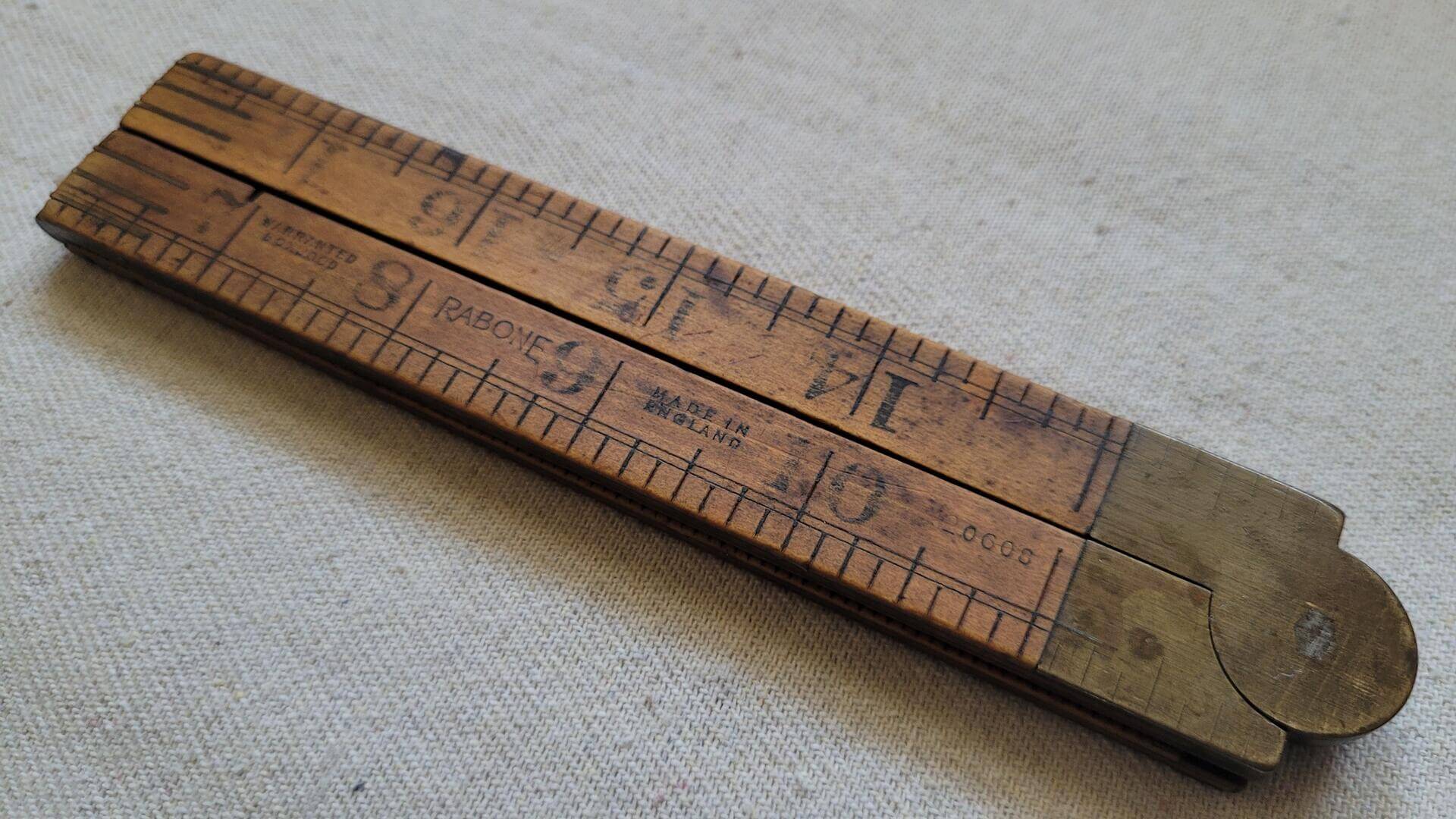 rabone-no-0608-warranted-boxwood-and-brass-folding-ruler-vintage-antique-made-in-england-collectible-yardstick-measuring-tool-makers-model-etching
