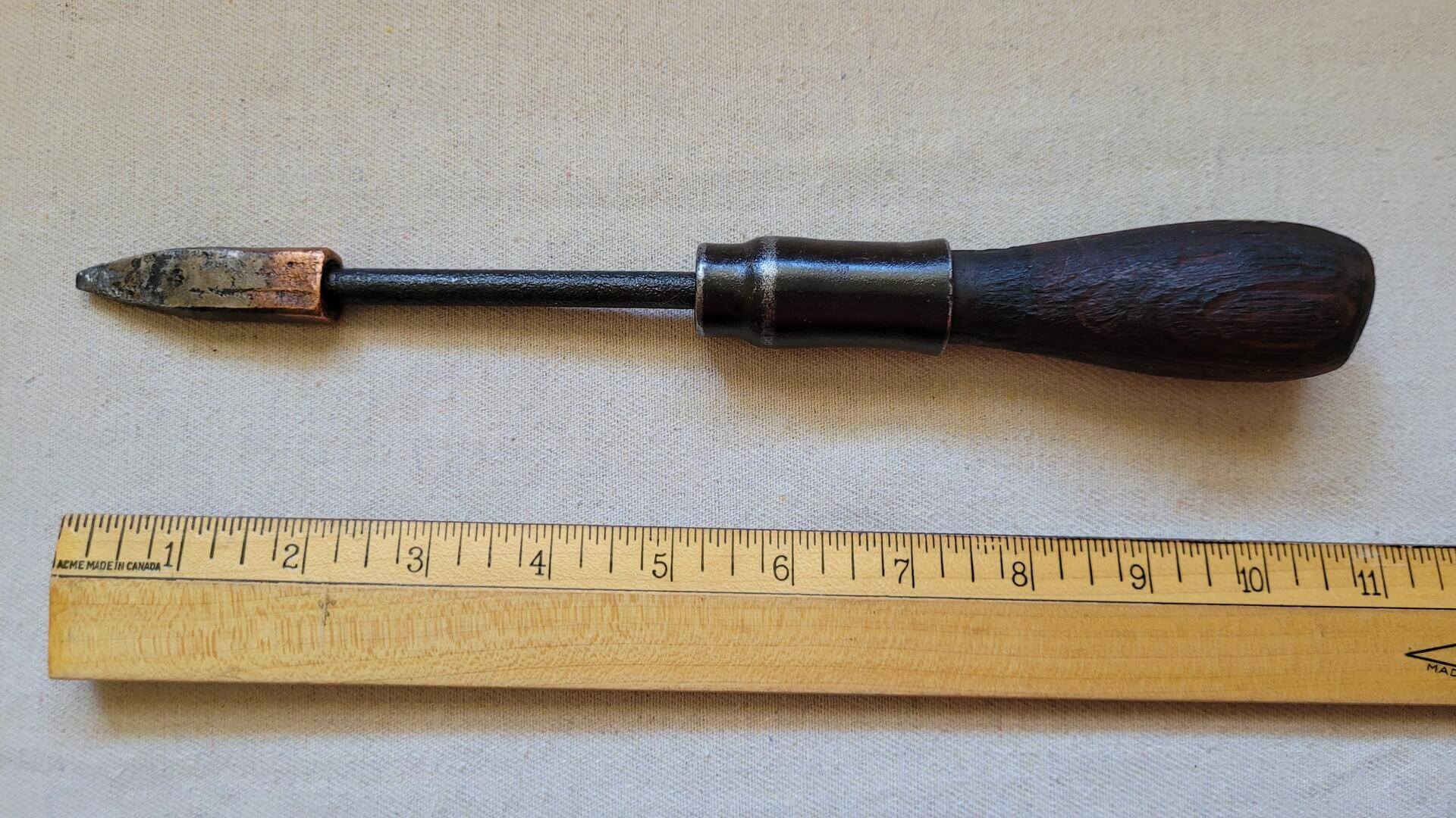 Vintage copper head soldering iron with wooden handle 11" inches long. Antique primitive collectible tinsmith, blacksmith, and plumbing soldering tools