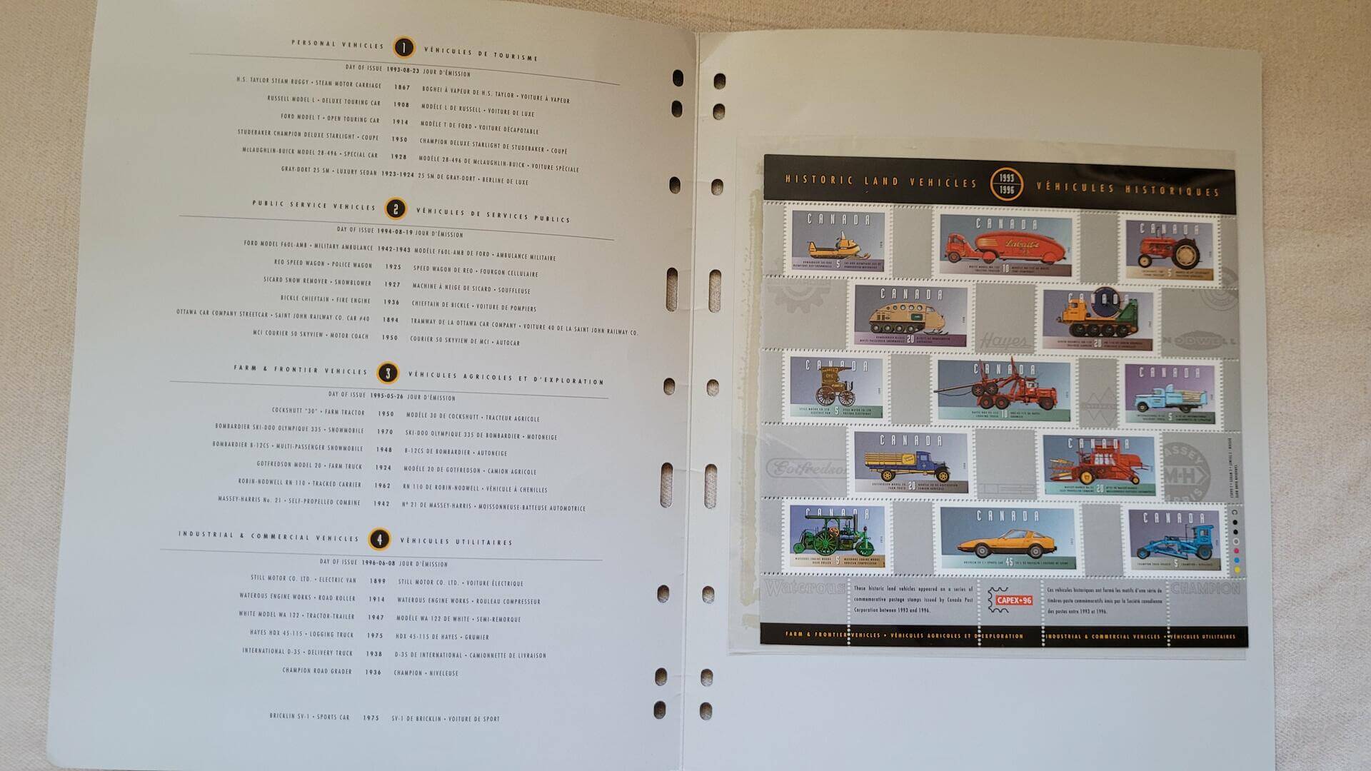 1993-1996 Historic Land Vehicles by Canada Post, official 25 Stamp Pane Thematic Collection #72. Vintage Canadian philately collectible souvenir set