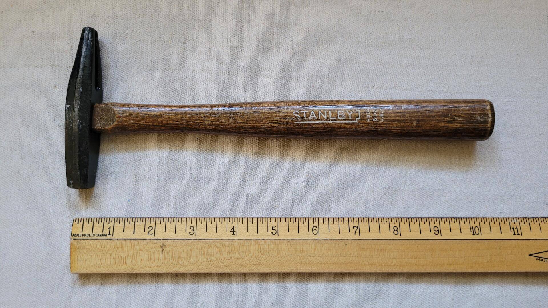 Vintage Stanley upholstery tack hammer 6oz with beautiful wooden handle and the square eye at one end and the split round eye at the other end. Antique made in USA collectible hand tool 10.5 inches in length