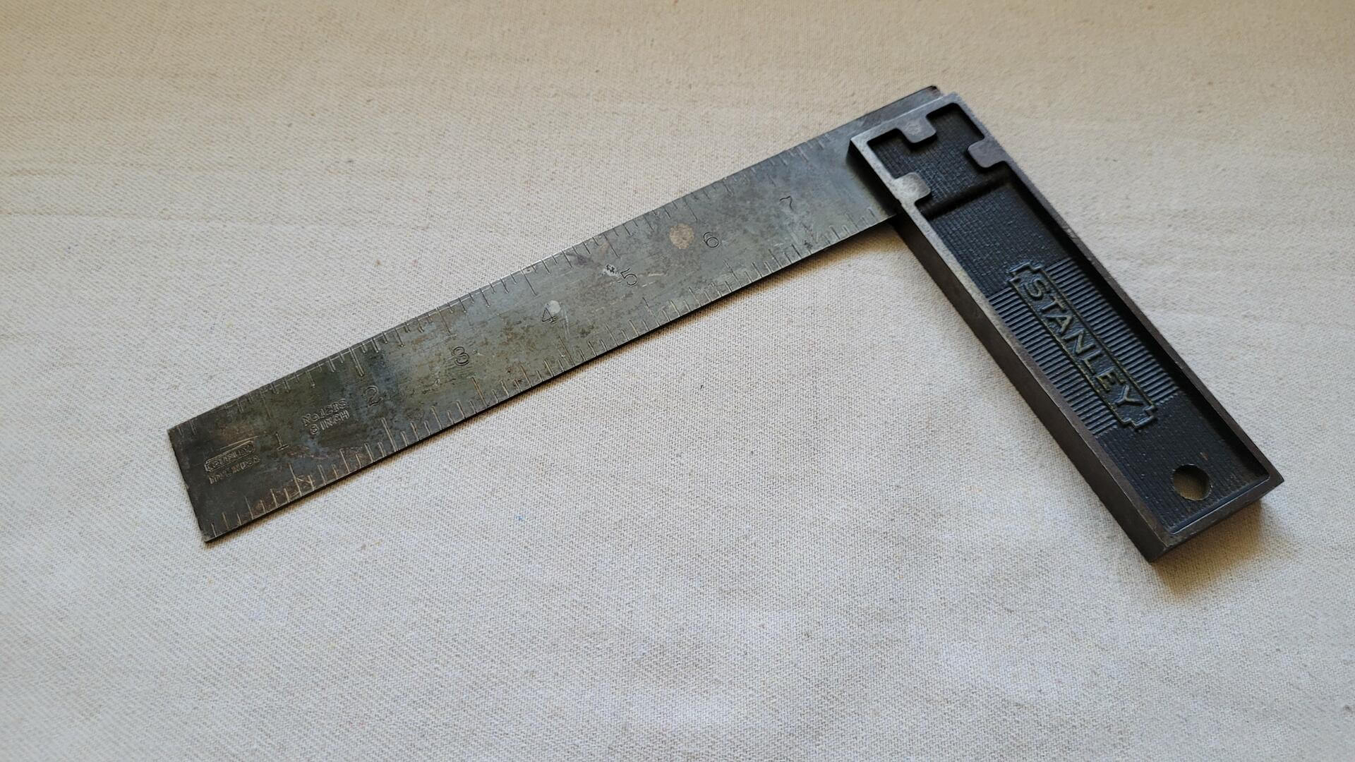Vintage all steel No. 12TS Stanley eight inch try square. Antique made in USA marking and measuring hand tools
