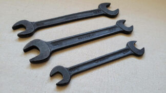 Beautiful vintage set of three T. Williams Drop Forge & Tools Ltd black-phosphate coating open end spanner wrenches. Antique made in England collectible mechanic hand tools 13/16 11/16 3/4 5/8 9/16 and 1/2 sizes