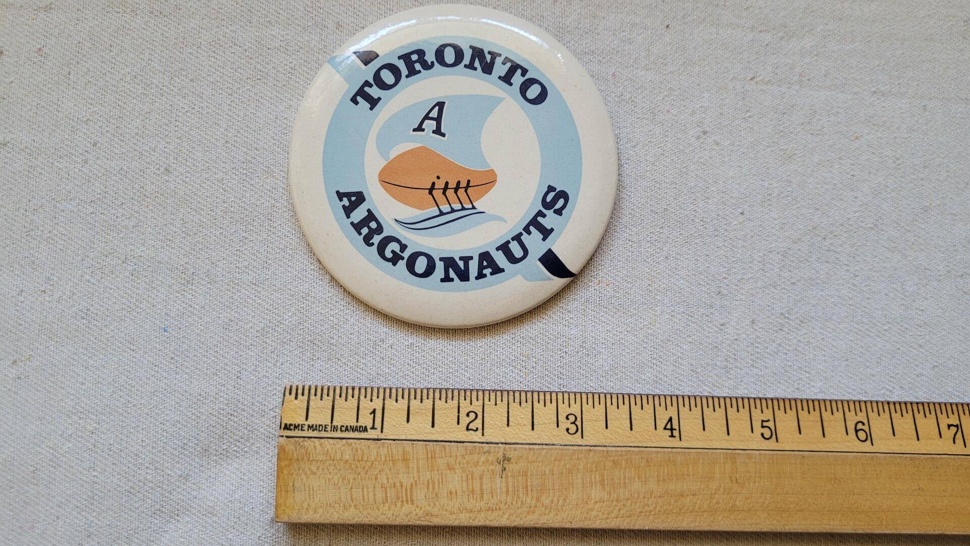 Vintage 1970s Toronto Argonauts CFL football pinback button three inches. Antique Canadian Football League sport memorabilia collectible