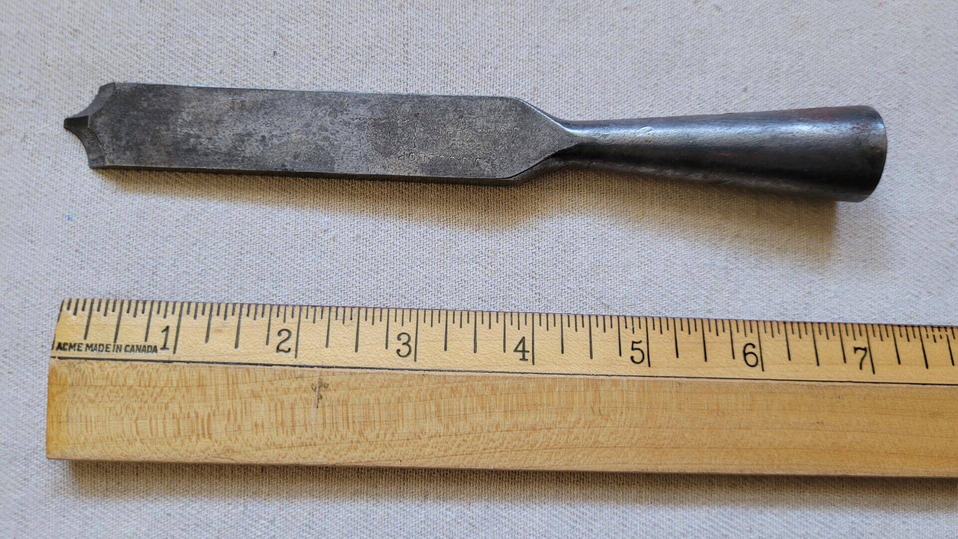 Rare antique winged-v pointed socket type woodworking chisel 7 inches long with the unclear brand stamp and owner's markings. Vintage unusual collectible wood carving, turning, and engraving chisel