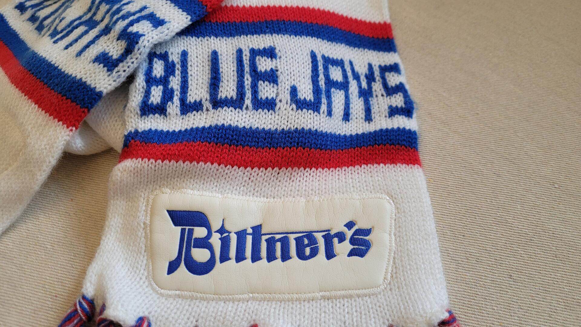 1970s vintage Toronto Blue Jays promotional knitted fringed scarf by Bittner's. Rare collectible made in Canada baseball sports memorabilia and winter wear