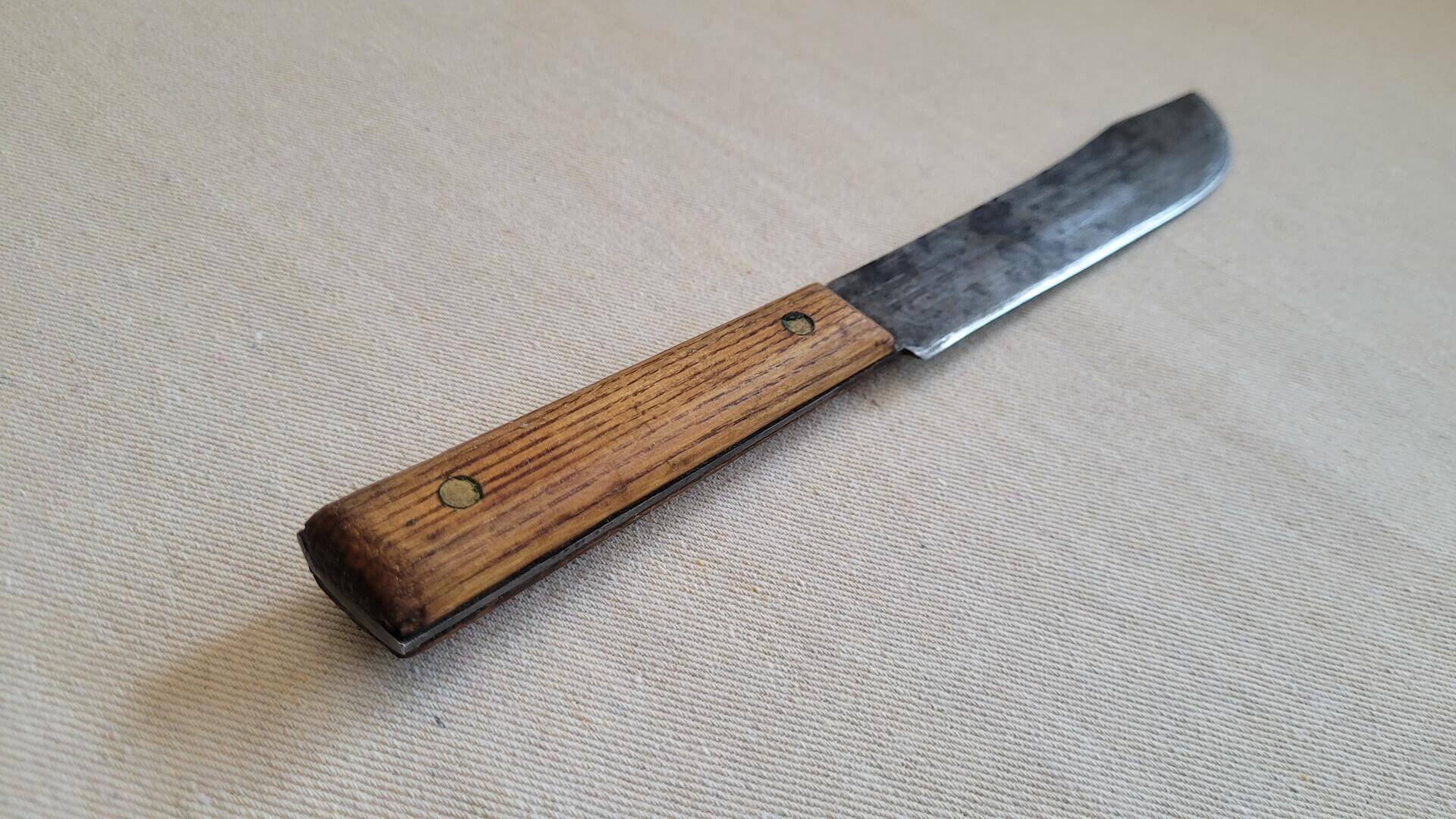 Beautiful vintage Forgecraft Hi-Carbon steel kitchen knife with hickory wood handle and brass rivets. Mid century made in USA collectible chef and butcher knives and cutlery