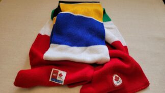 2006 HBC Team Canada Torino Winter Olympics in multicolour adult scarf. Vintage Canadiana winter wear accessory and sports memorabilia