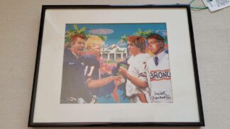 Vintage 1987 Super Bowl XXI Broncos vs Giants football art piece signed by Joni Carter.