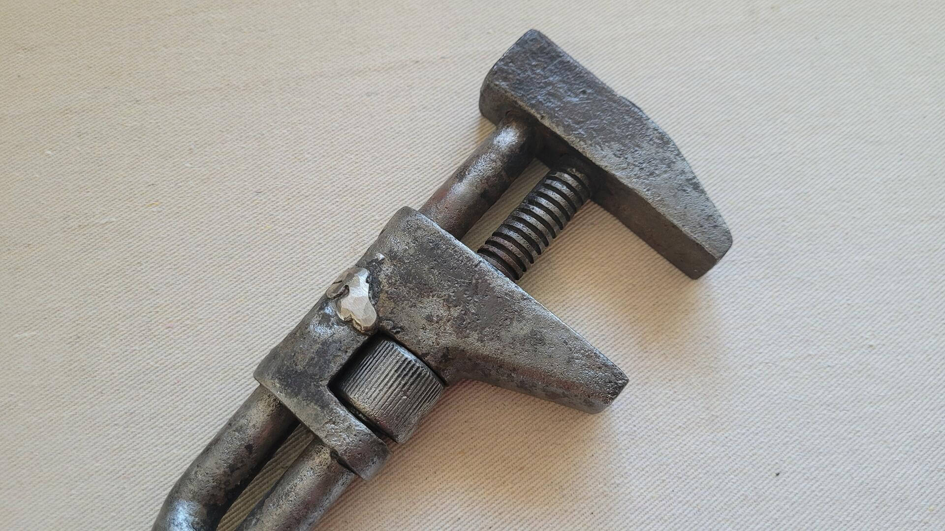 Primitive Acme twist handle adjustable plumbing monkey wrench 14 inches in length and 2 1/4 jaw by rederick H. Seymour Pat. No. 273,170. Antique made in USA collectible tools