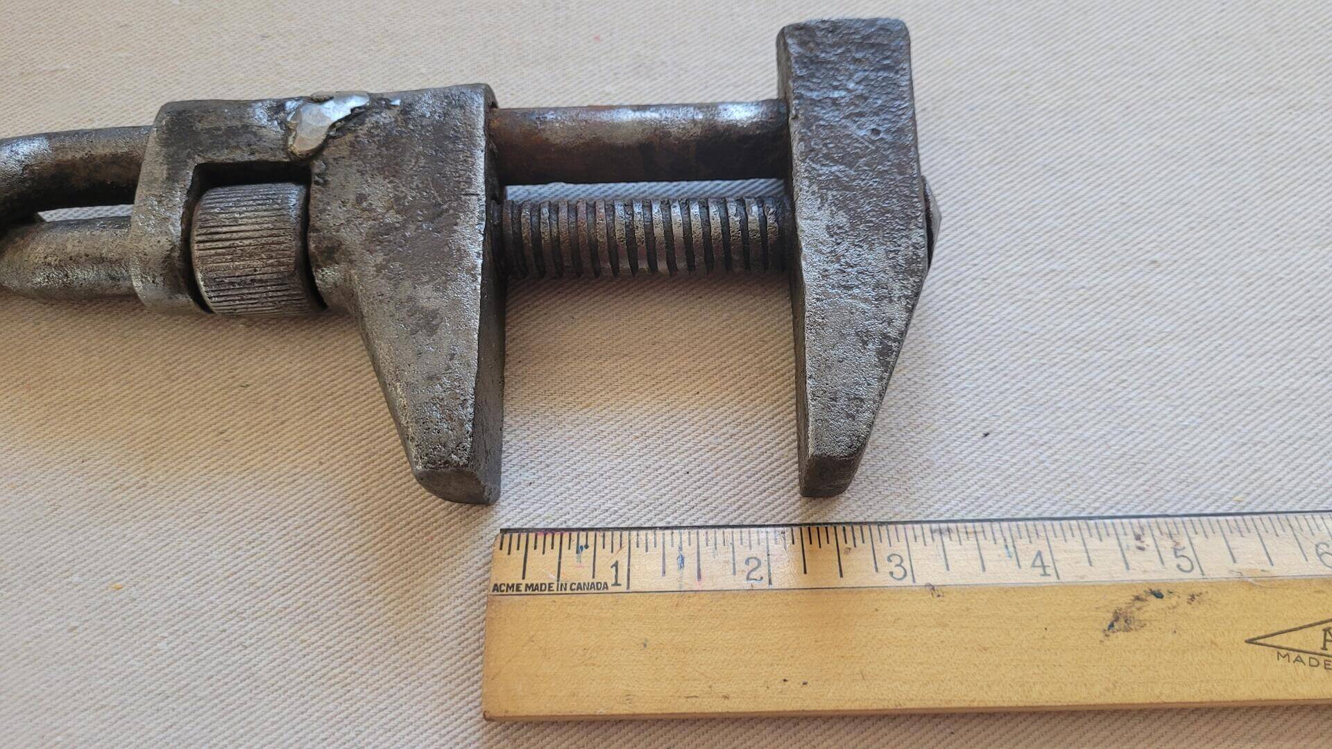 Primitive Acme twist handle adjustable plumbing monkey wrench 14 inches in length and 2 1/4 jaw by rederick H. Seymour Pat. No. 273,170. Antique made in USA collectible tools