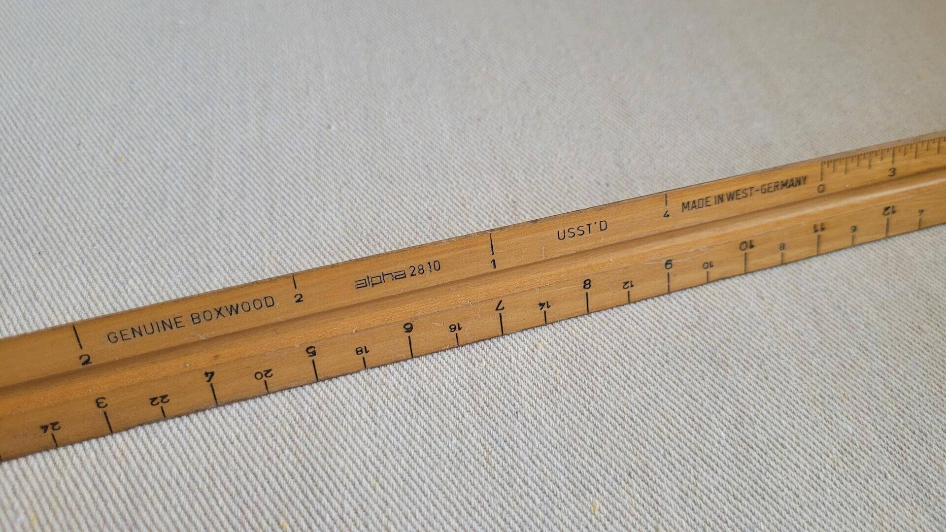 Vintage Alpha 2810 genuine boxwood wooden triangular drafting and architect ruler. Made in West Germany collectible paragon scale 3 sided rule with several different scales engineering, marking and measuring tool