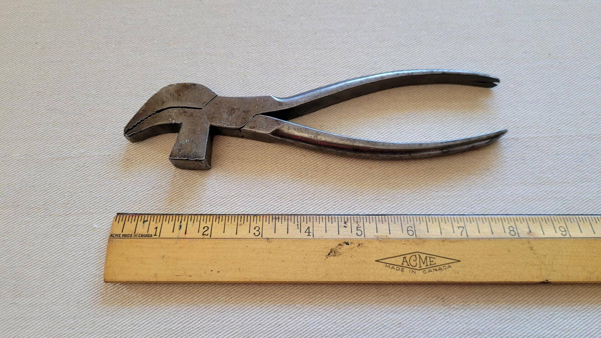 Rare vintage Carl Blombach forged cobbler lasting pliers with hammer 8 inches long. Primitive and antique made in Germany collectible shoe maker leather working hand tool