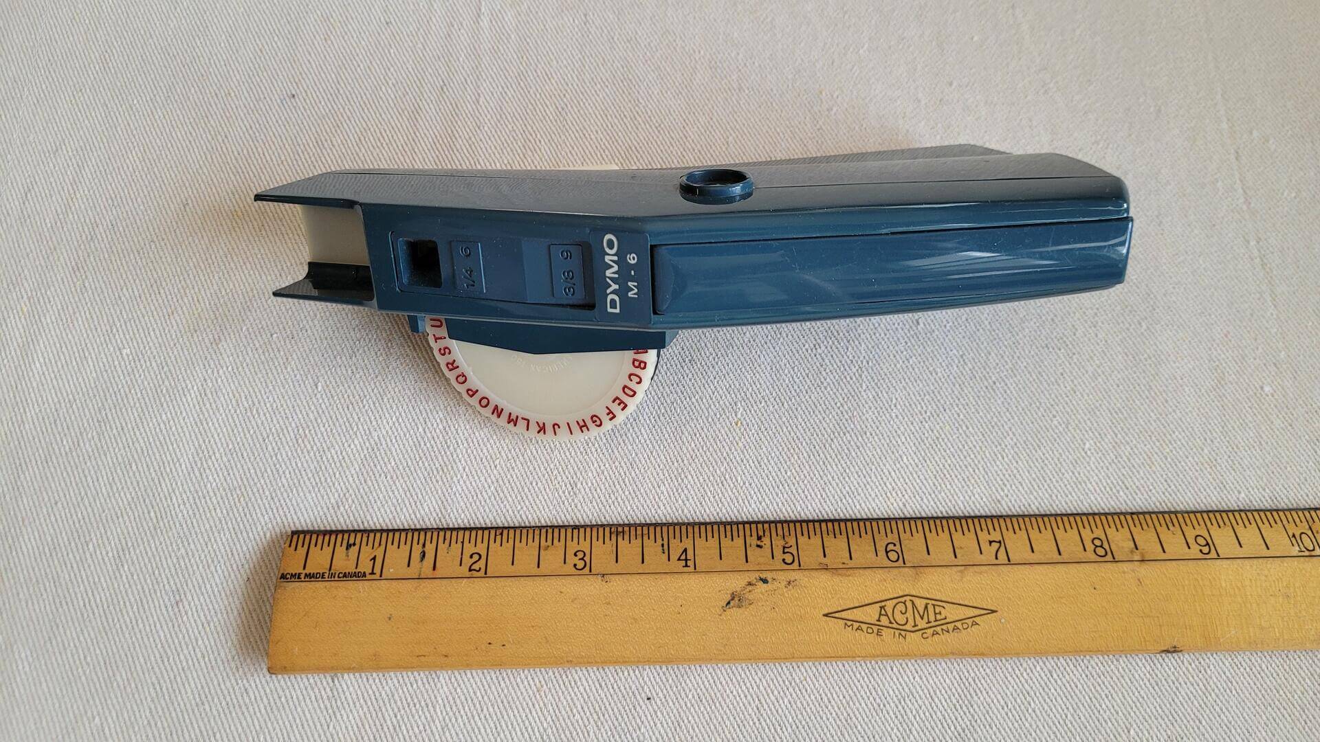 dymo-m-6-embossing-tape-writer-lablel-maker-removable-discs-vintage-1970s-made-in-usa-collectible-office-equipment-tools-measurements