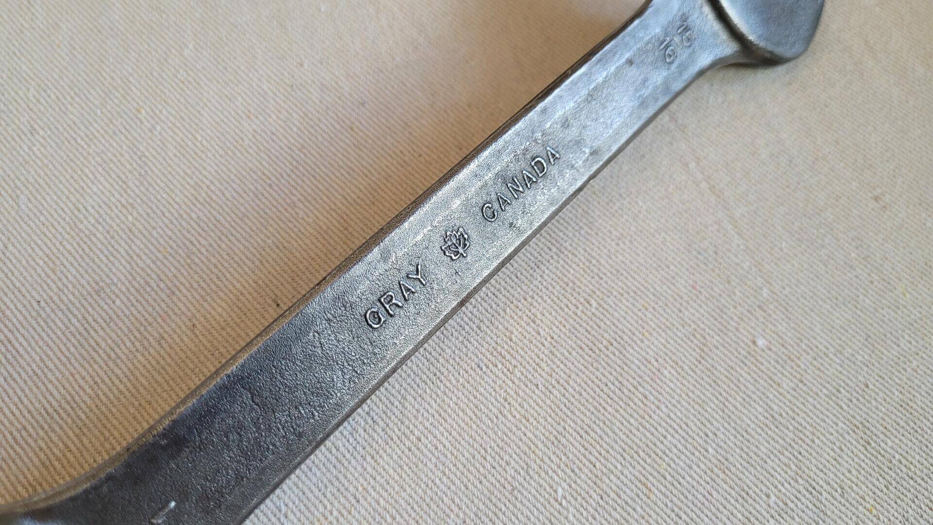 Beautiful vintage Gray Canada forged steel 9 inch open end wrench spanner 15/16 x 1". Antique made in Canada collectible automotive hand tools