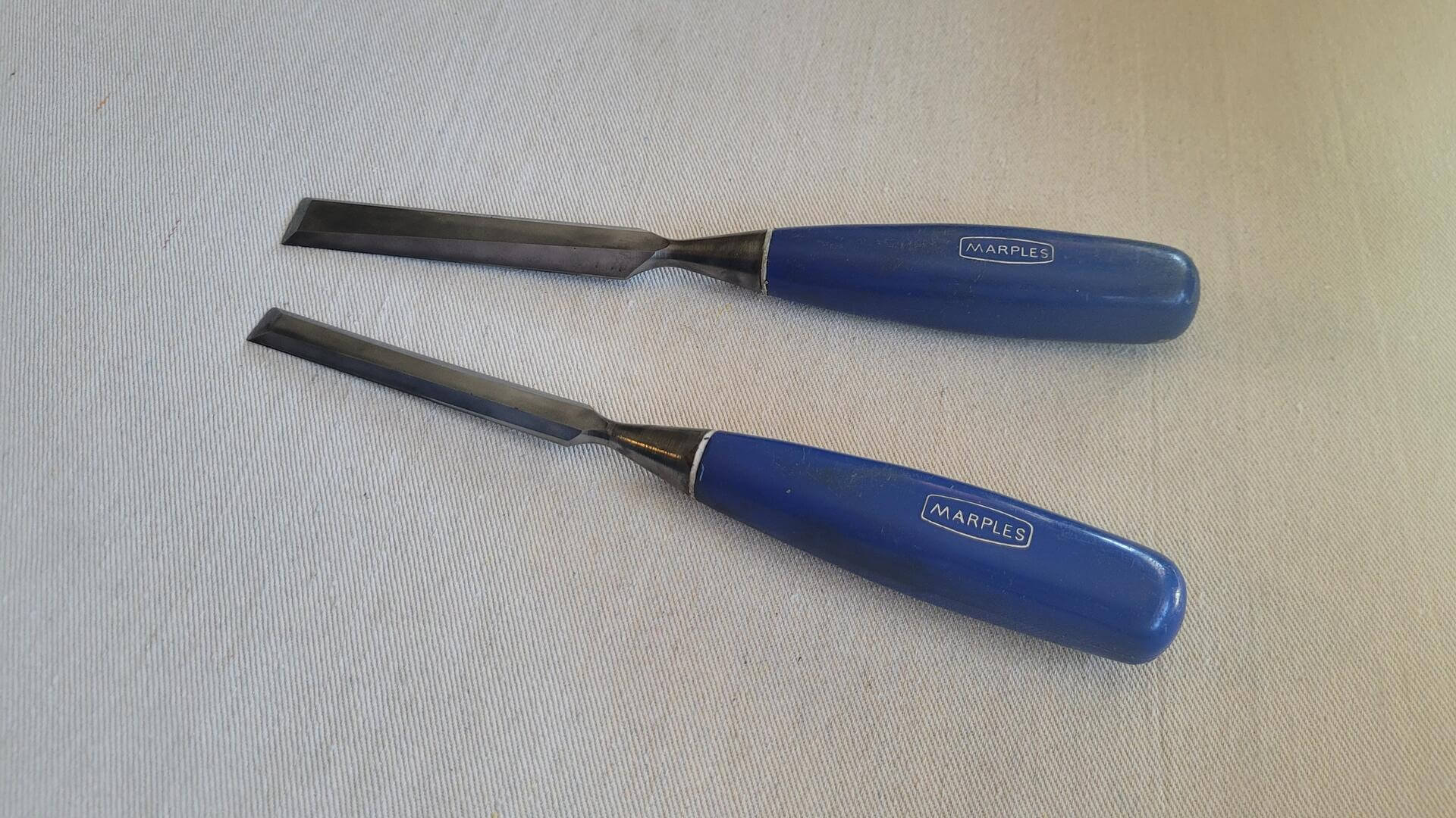 marples-blue-chip-beveled-edge-chisels-set-of-2-vintage-made-in-england-cabinet-maker-edge-tools