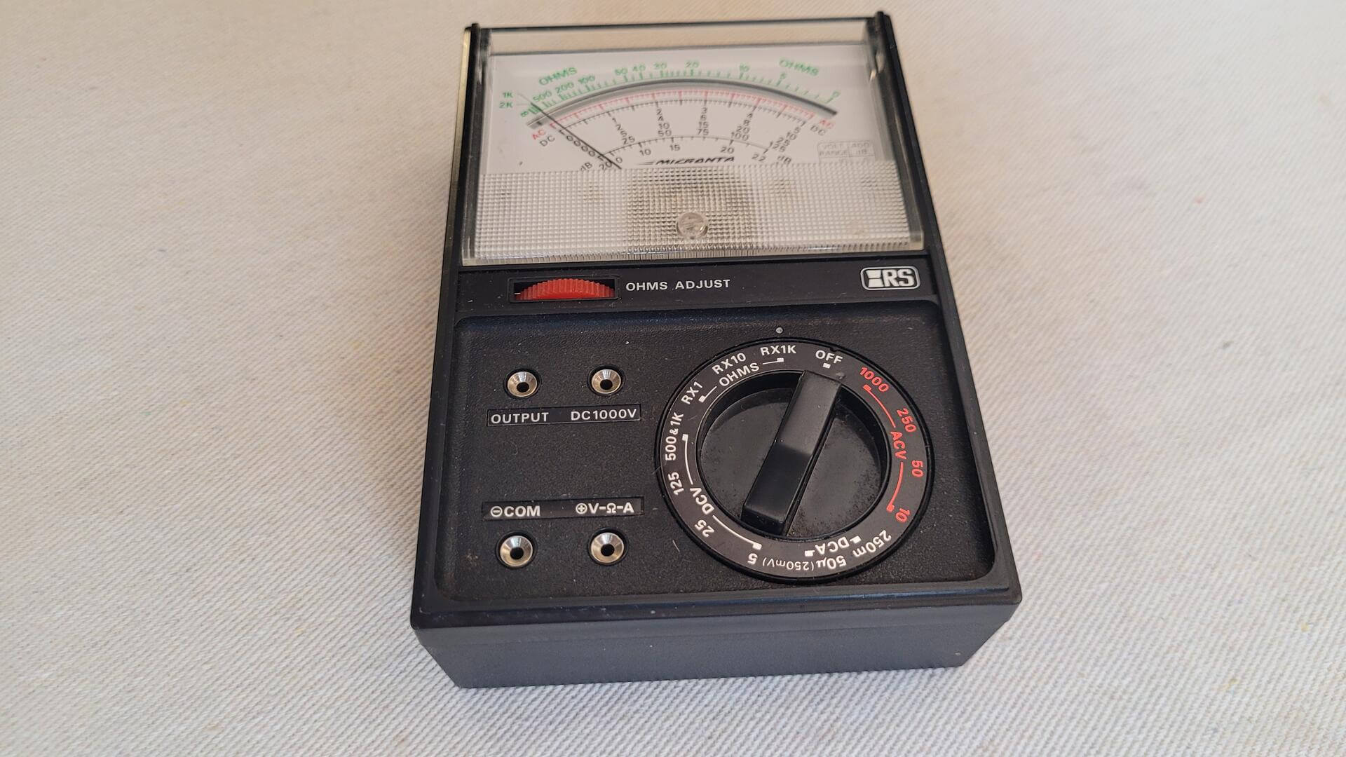 Vintage Micronta analog multimeter 22-201A 18 ranges multitester tool with the original box. 1970s made in Korea collectible automotive and electronics service and lab equipment from Radio Shack / Tandy